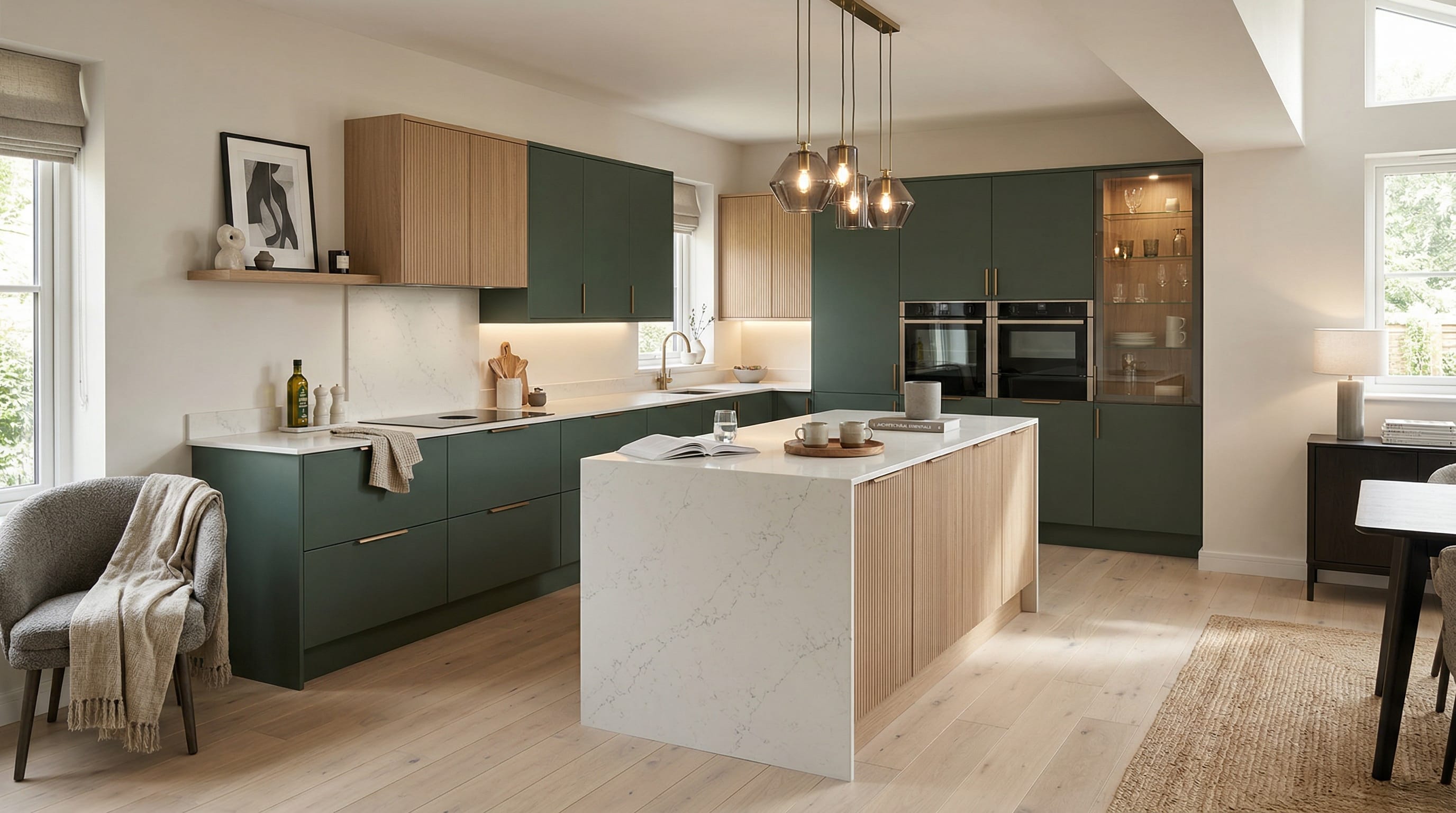 Wide view of a newly completed bespoke Mastercraft kitchen, timber veneer slab-door cabinetry in mussel tones