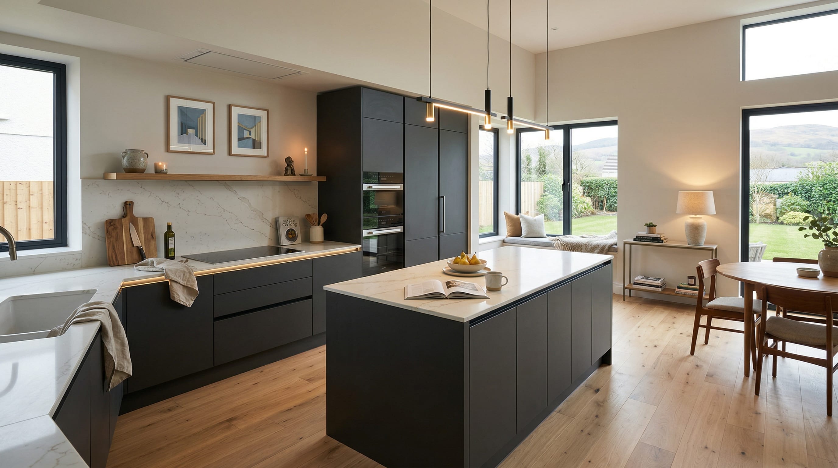 Wide view of a newly completed bespoke Mastercraft kitchen, timber veneer slab-door cabinetry in dust grey tones