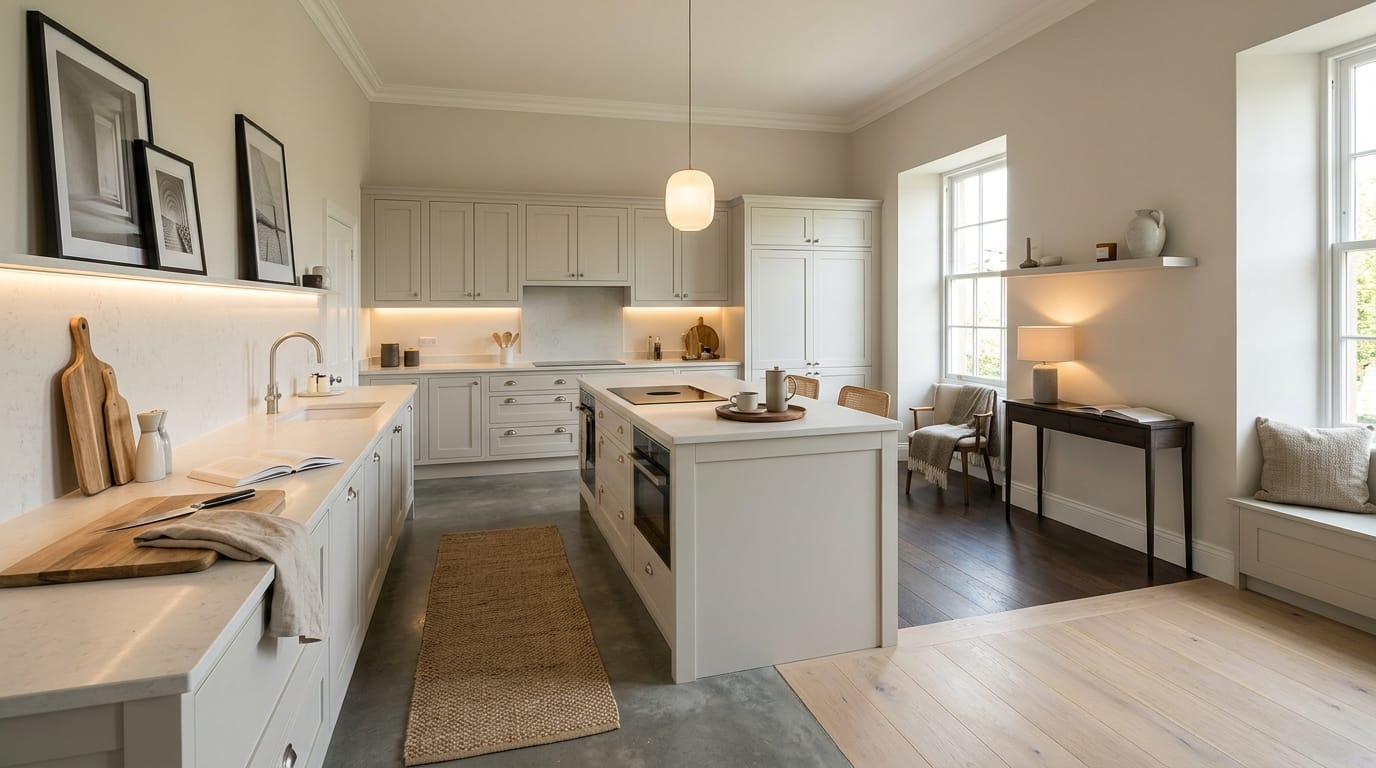 Wide view of a newly completed bespoke Mastercraft kitchen, modern shaker cabinetry in light grey tones