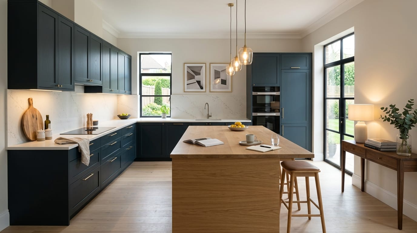 Wide view of a newly completed bespoke Mastercraft kitchen, matt painted handleless slab cabinetry in deep forest tones