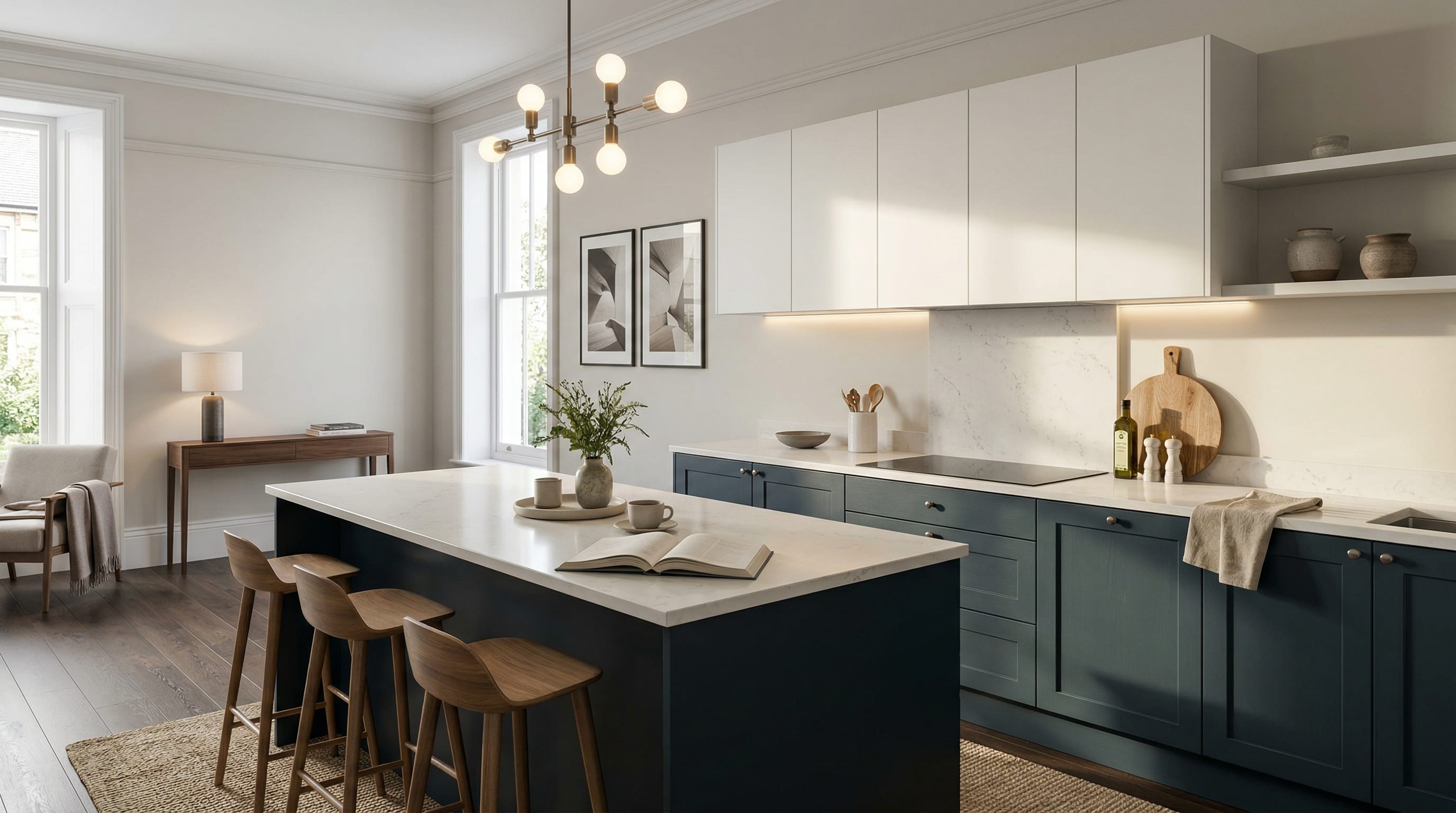 Wide view of a newly completed bespoke Mastercraft kitchen, contemporary painted lay-on cabinetry in brilliant white tones