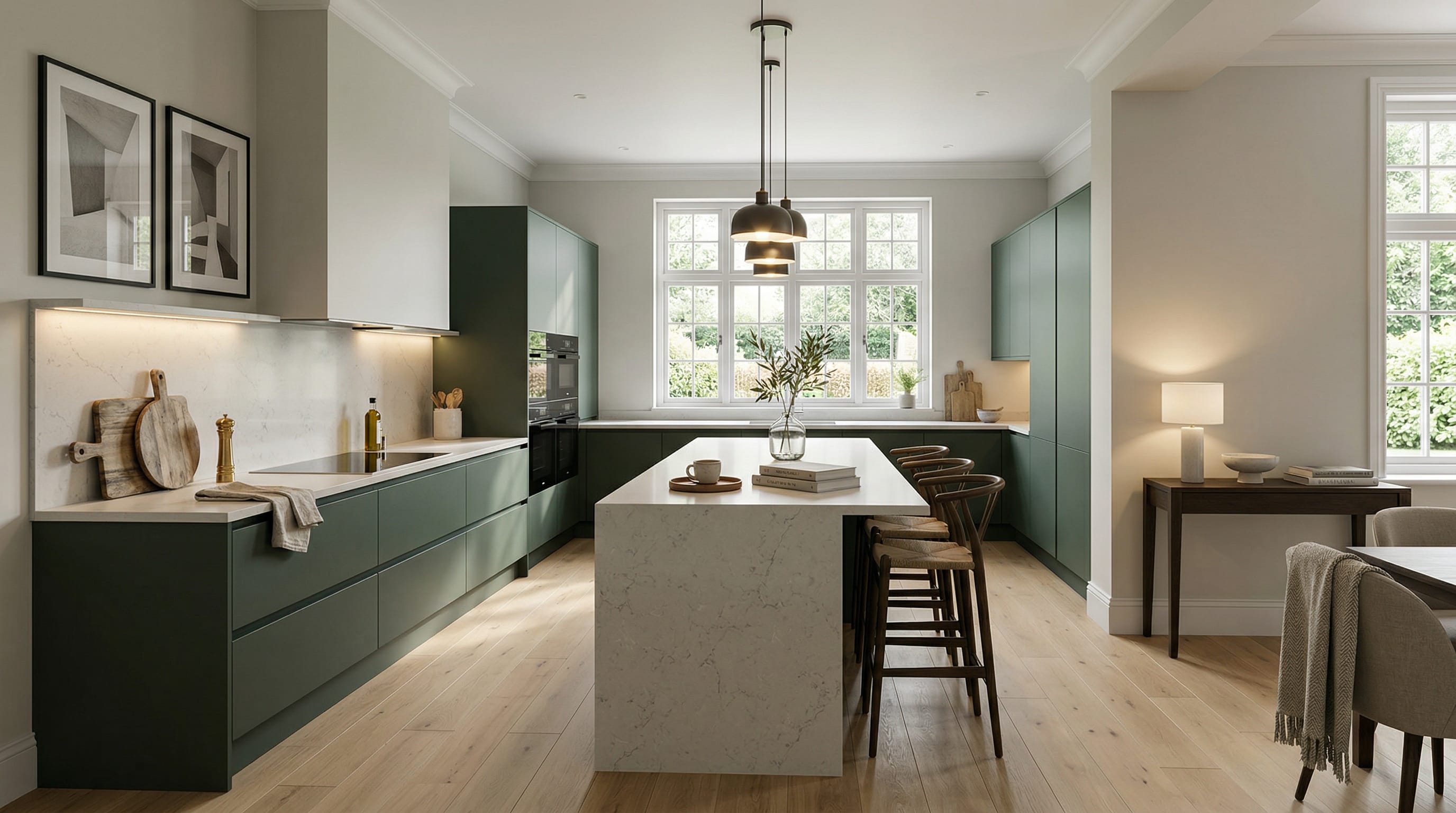 Wide view of a newly completed bespoke Mastercraft kitchen, modern shaker cabinetry in cannon black tones