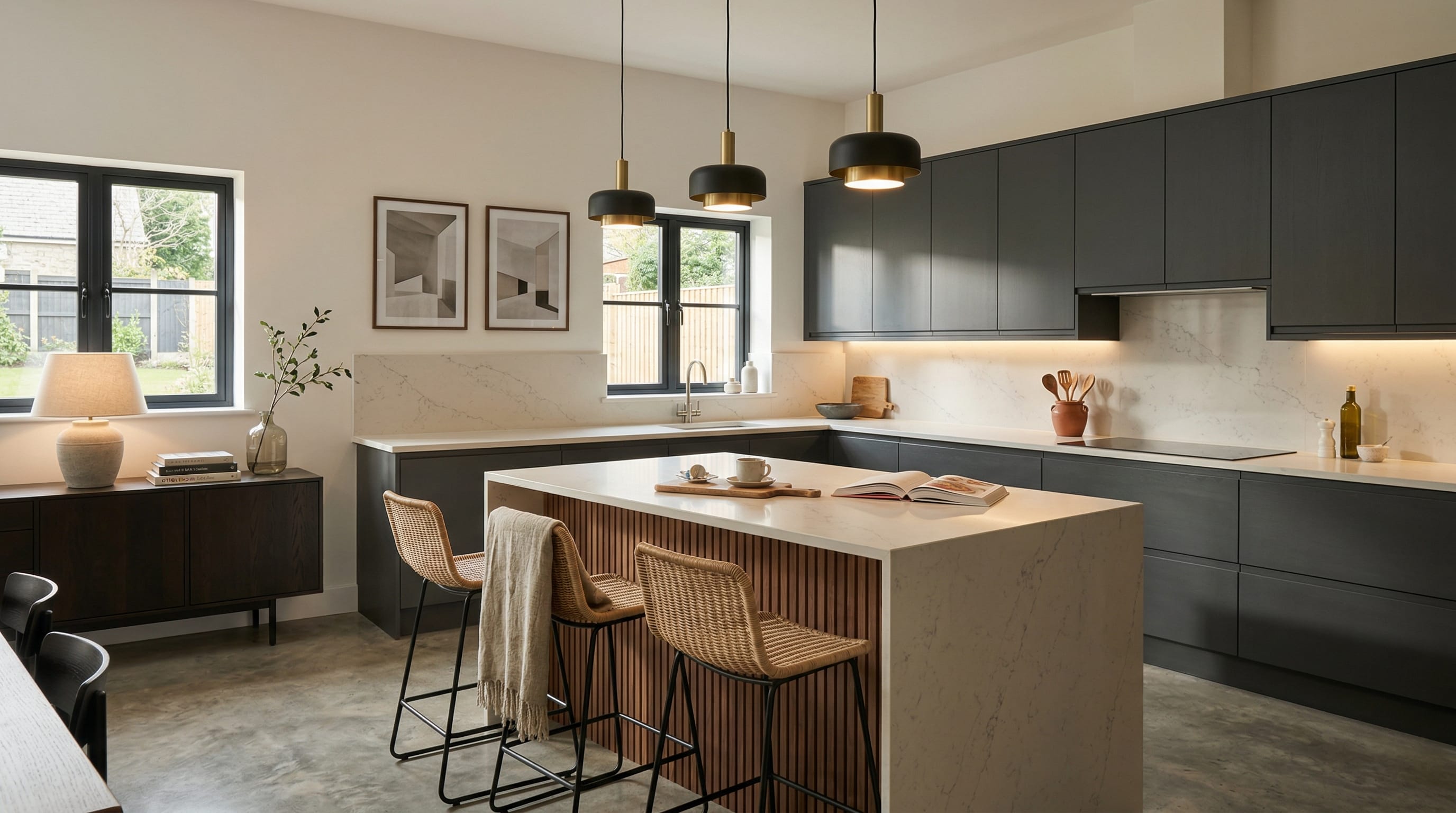 Wide view of a newly completed bespoke Mastercraft kitchen, timber veneer slab-door cabinetry in airforce tones