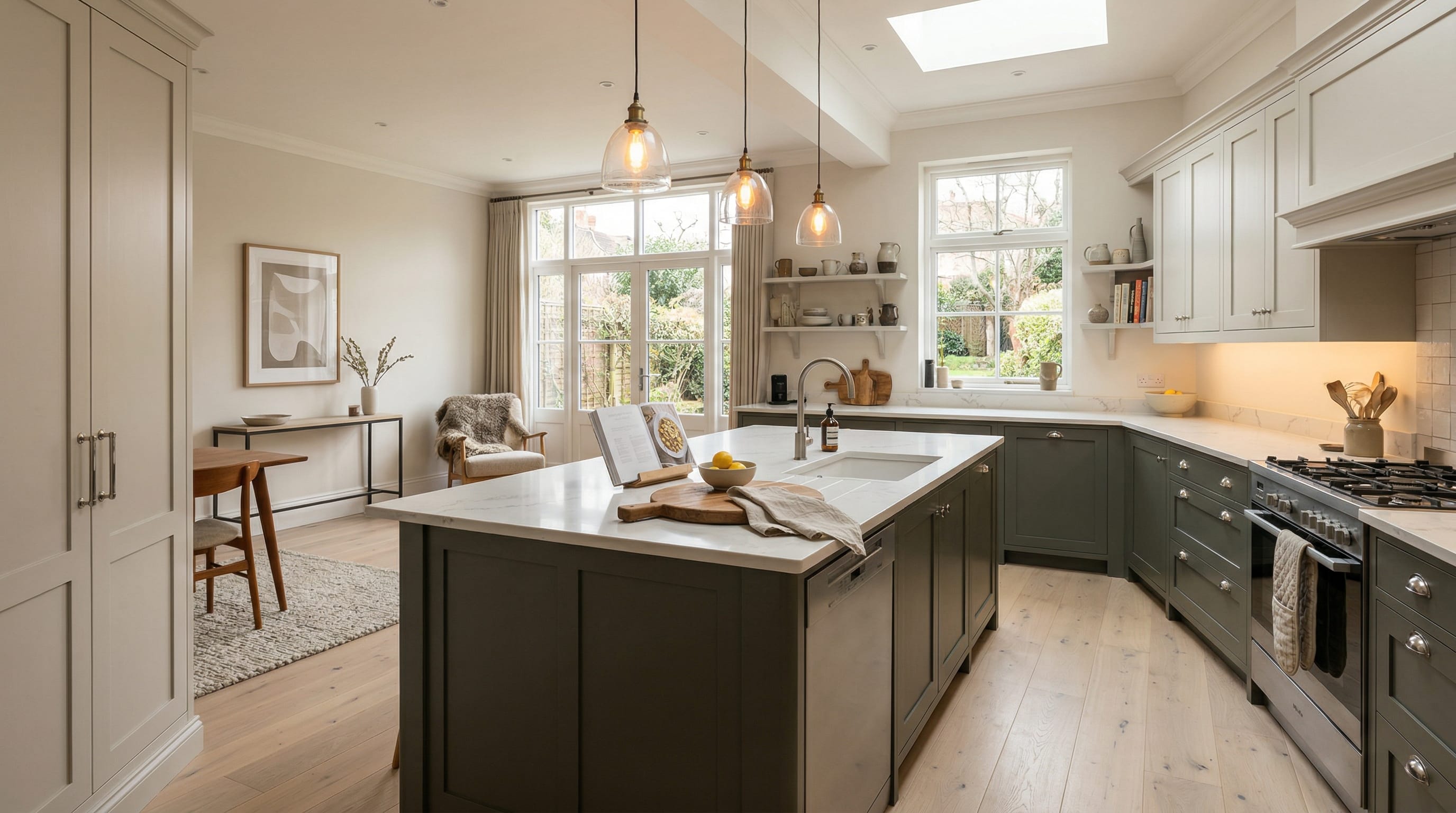 Wide view of a newly completed bespoke Mastercraft kitchen, modern shaker cabinetry in airforce tones