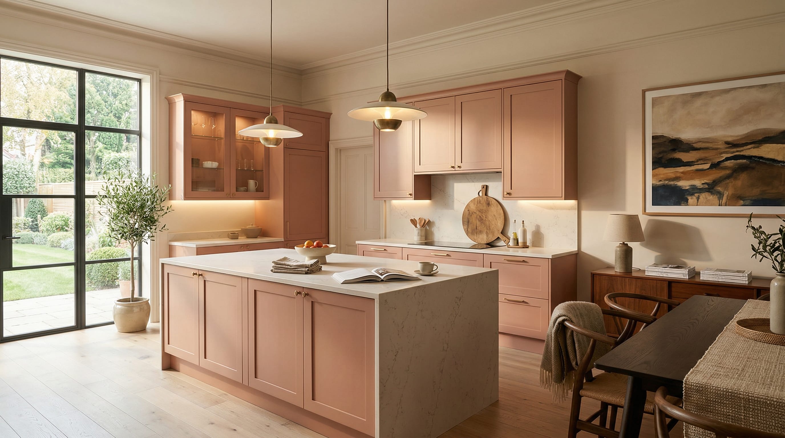 Wide view of a newly completed bespoke Mastercraft kitchen, timber veneer slab-door cabinetry in dust grey tones