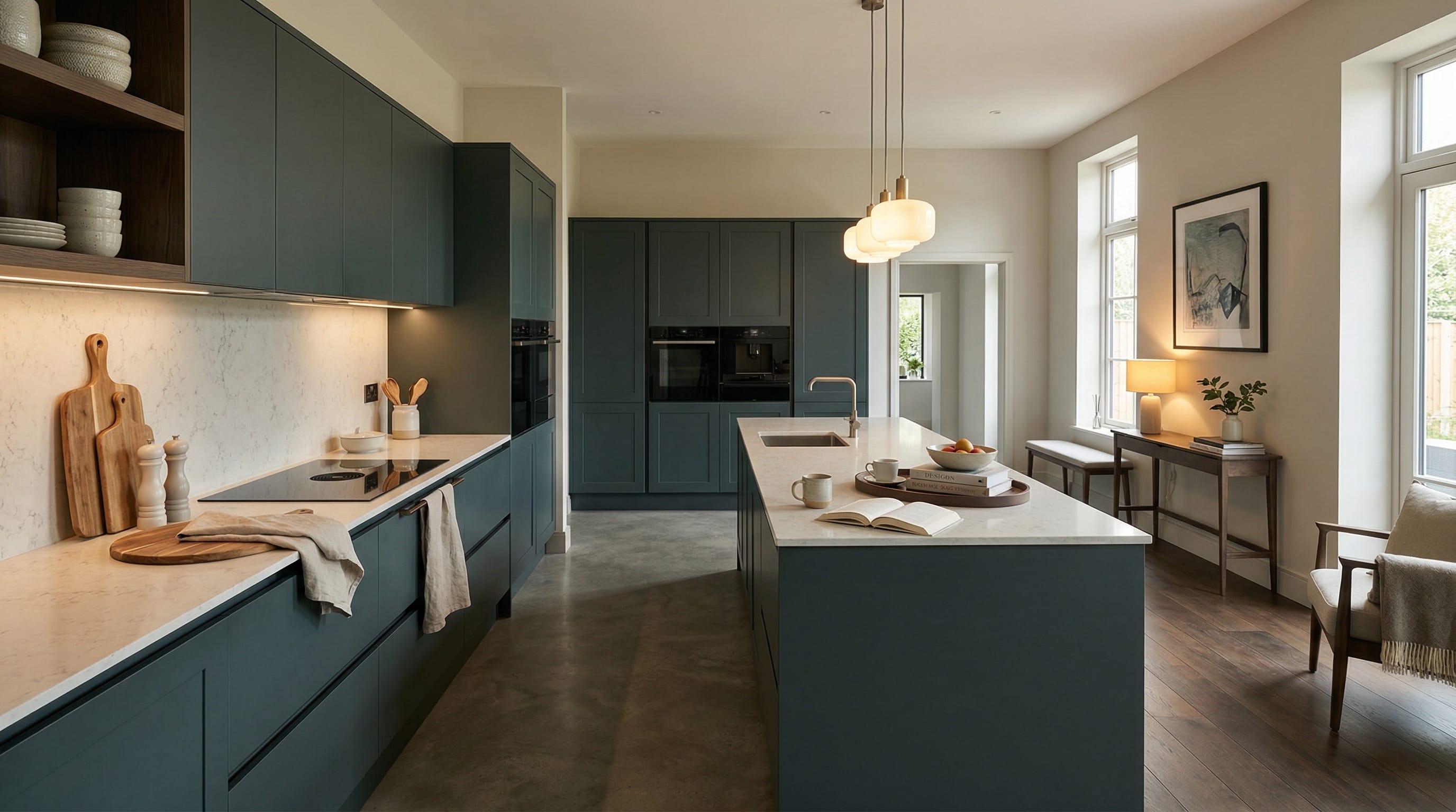Wide view of a newly completed bespoke Mastercraft kitchen, timber veneer slab-door cabinetry in deep forest tones