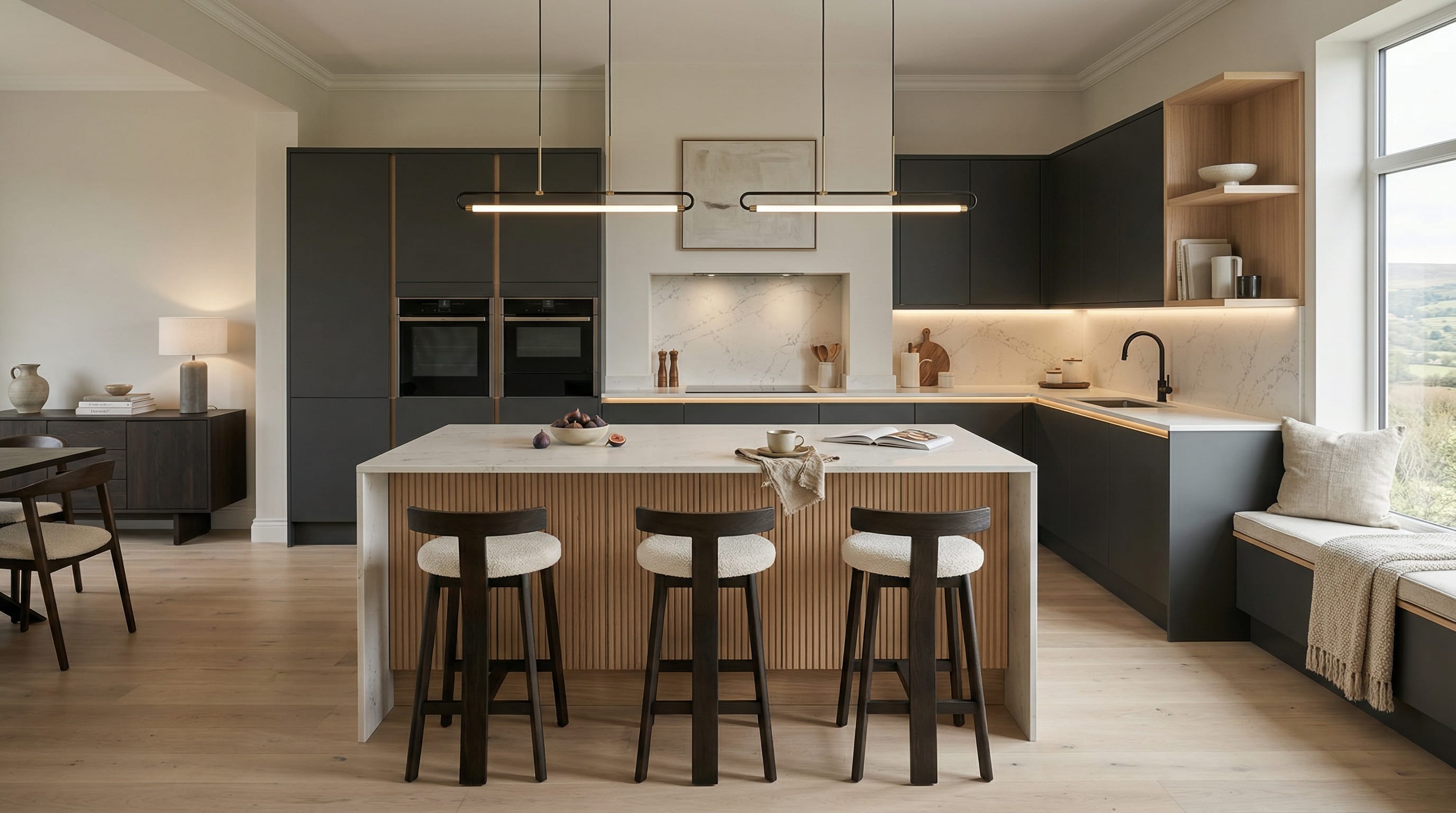 Wide view of a newly completed bespoke Mastercraft kitchen, contemporary painted lay-on cabinetry in light grey tones