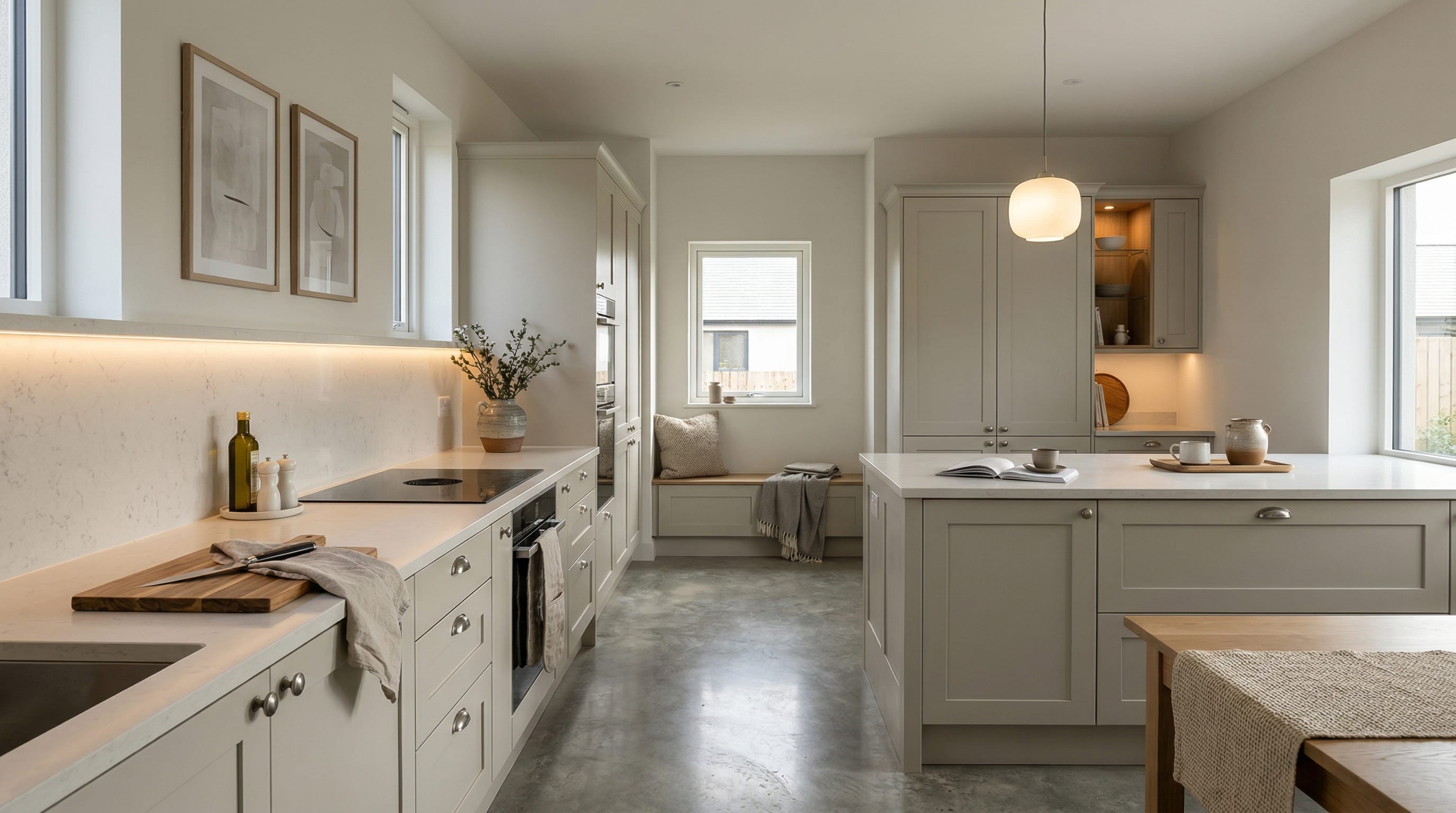 Wide view of a newly completed bespoke Mastercraft kitchen, modern shaker cabinetry in heritage green tones