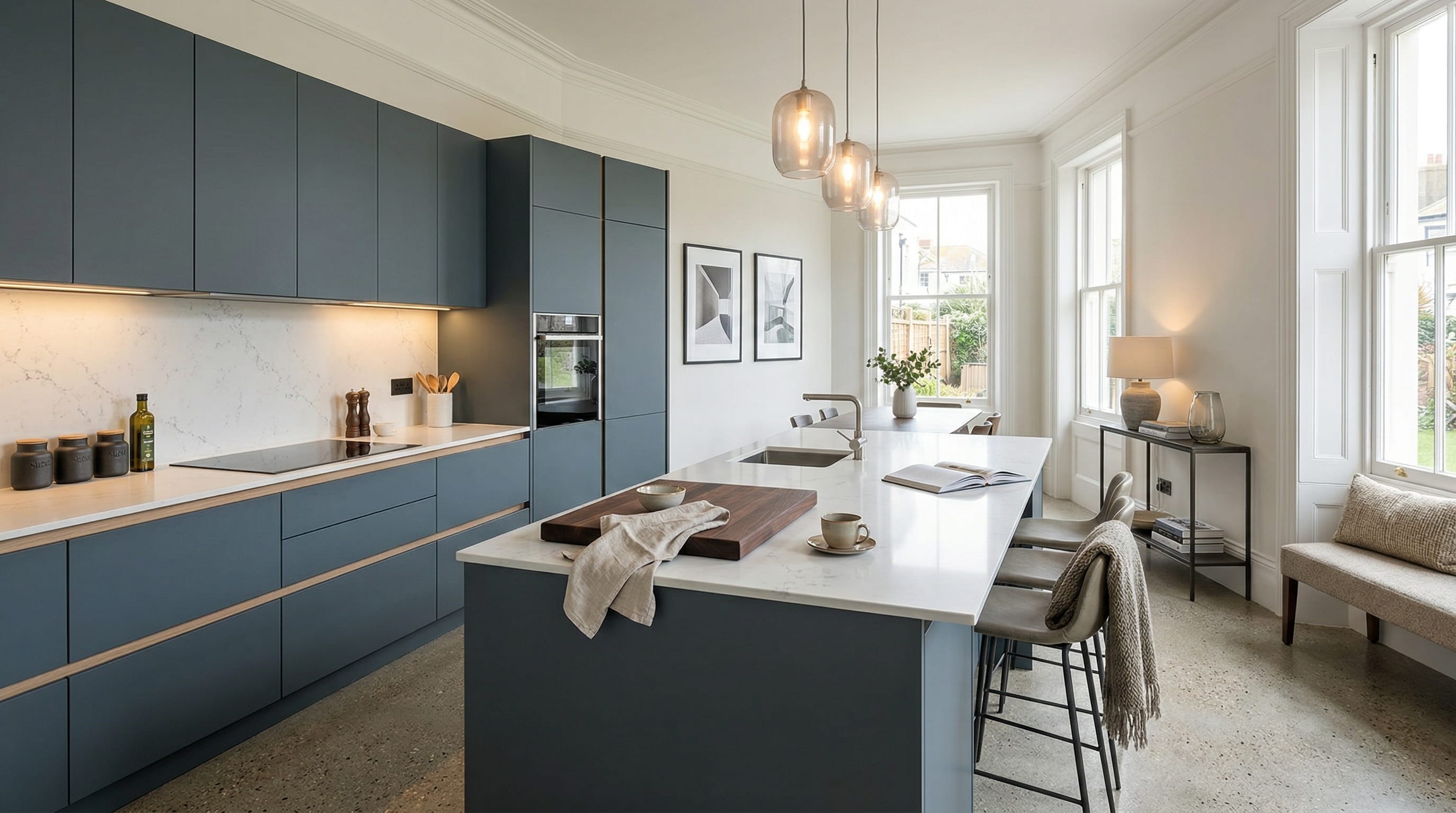 Wide view of a newly completed bespoke Mastercraft kitchen, contemporary in-frame cabinetry in light grey tones