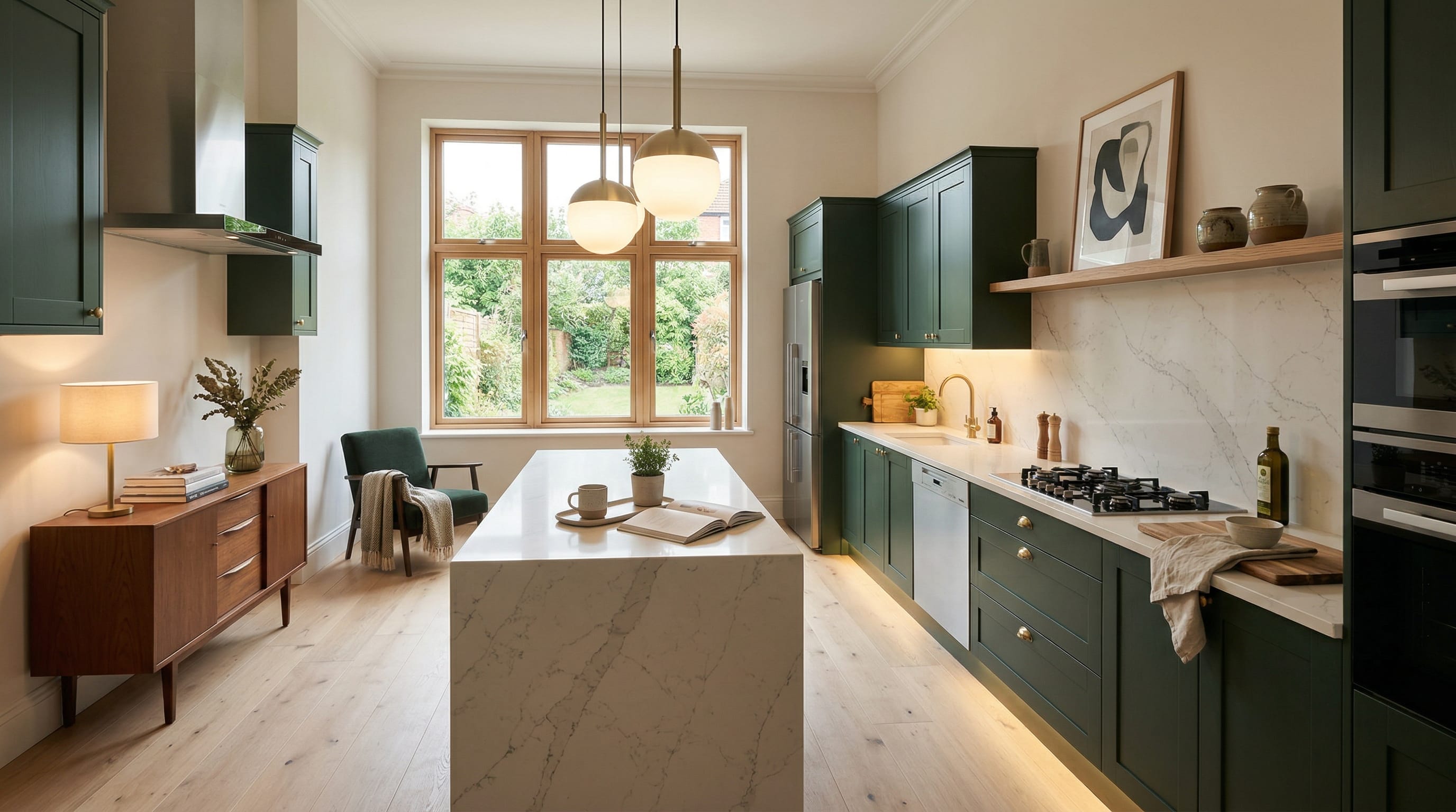 Wide view of a newly completed bespoke Mastercraft kitchen, contemporary painted lay-on cabinetry in dust grey tones