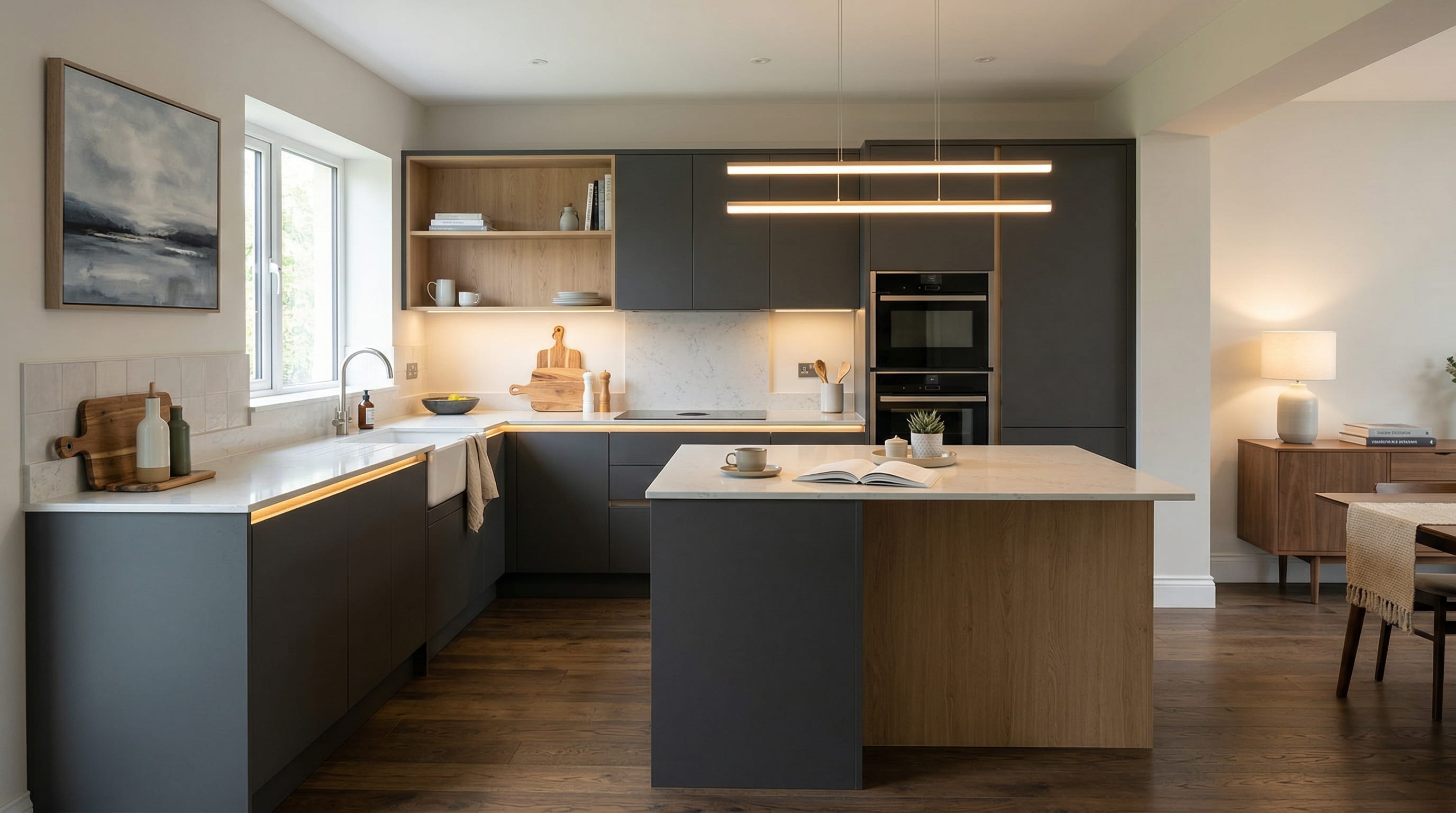 Wide view of a newly completed bespoke Mastercraft kitchen, matt painted handleless slab cabinetry in reed green tones