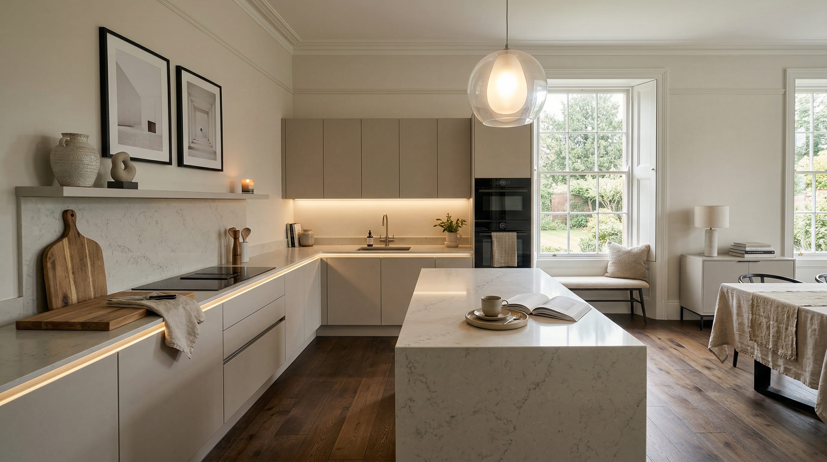 Wide view of a newly completed bespoke Mastercraft kitchen, matt painted handleless slab cabinetry in porcelain tones