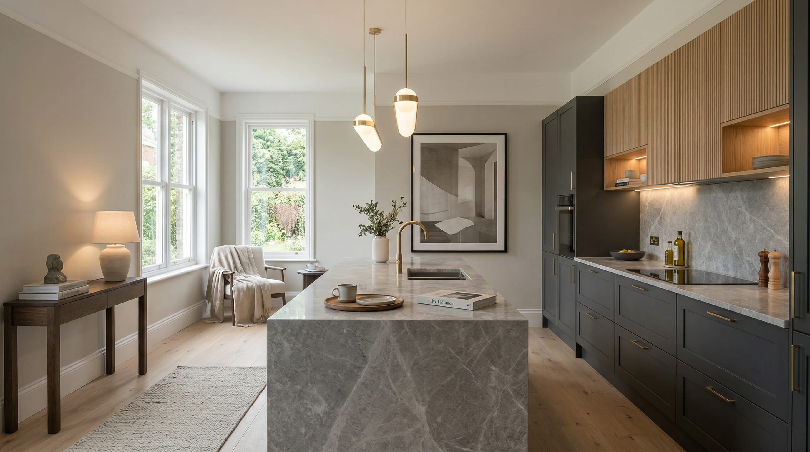 Wide view of a newly completed bespoke Mastercraft kitchen, matt painted handleless slab cabinetry in stone tones