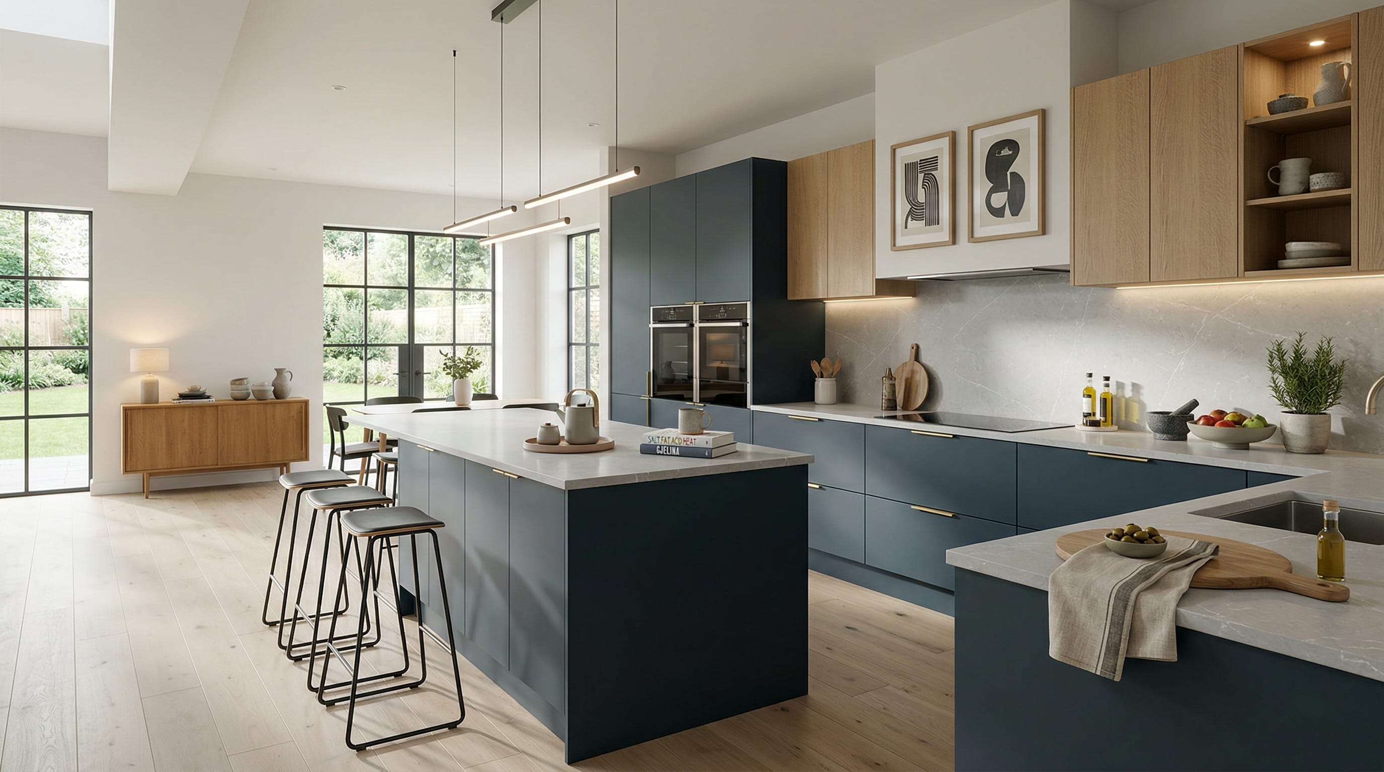Wide view of a newly completed bespoke Mastercraft kitchen, matt painted handleless slab cabinetry in indigo tones