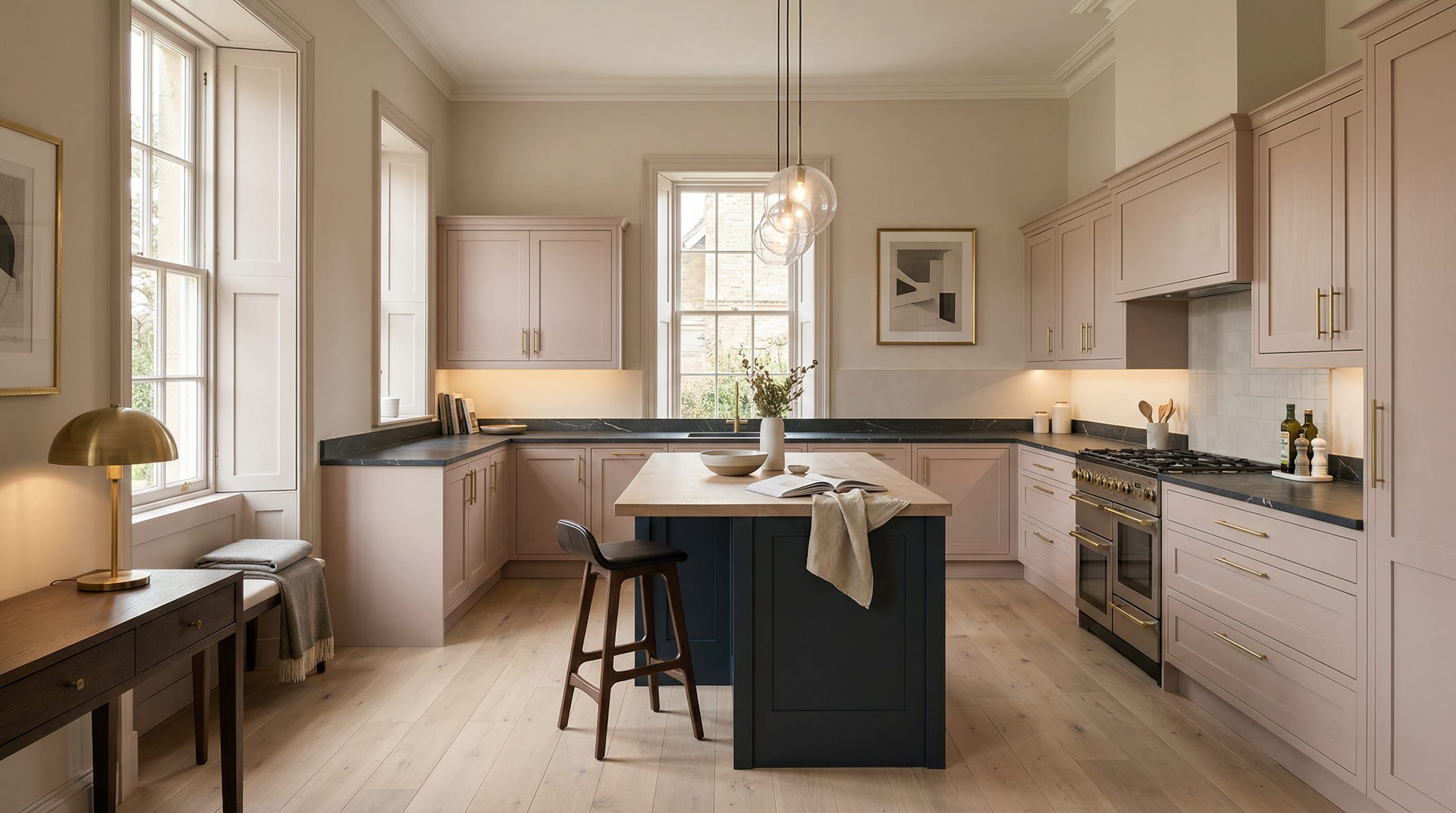 Wide view of a newly completed bespoke Mastercraft kitchen, timber veneer slab-door cabinetry in cannon black tones