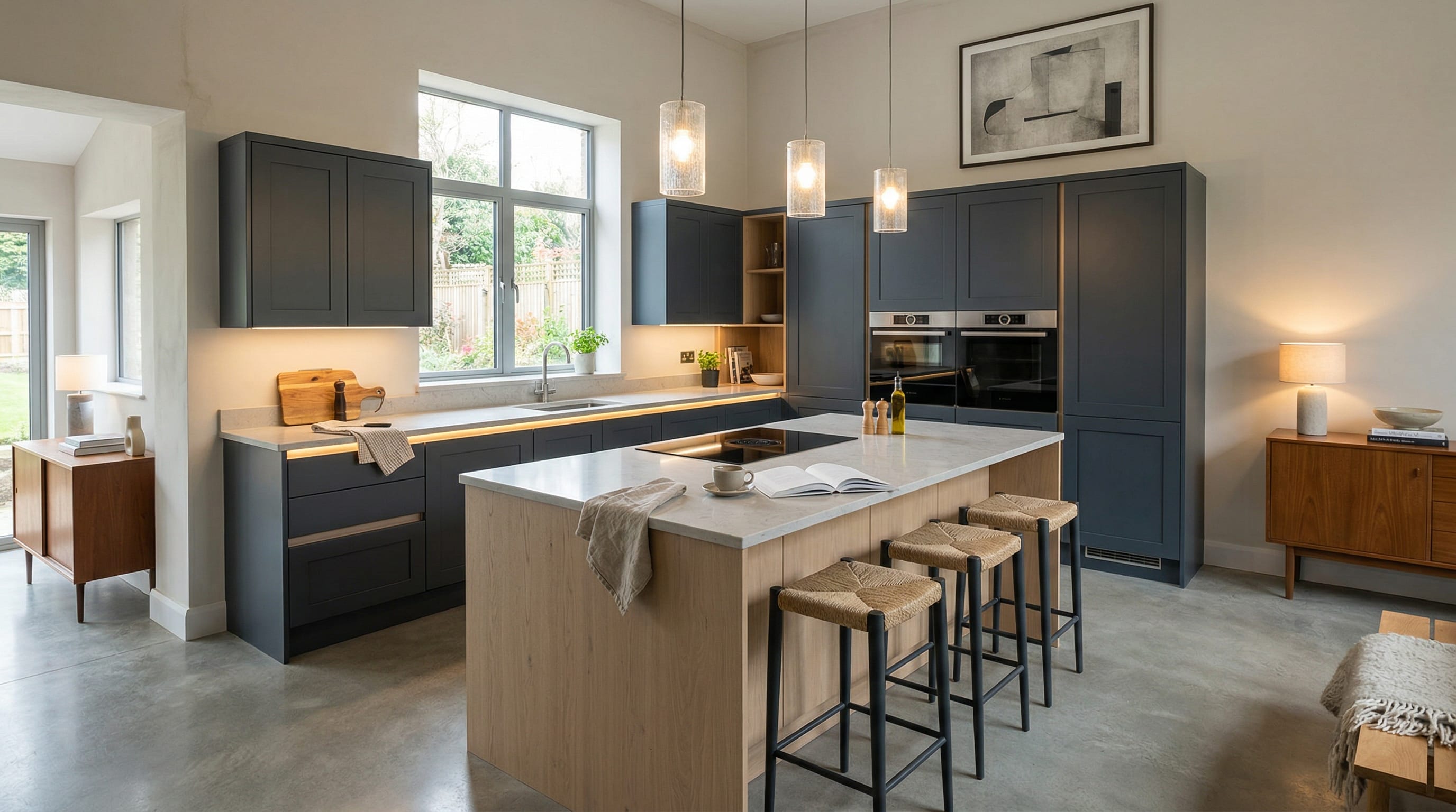 Wide view of a newly completed bespoke Mastercraft kitchen, modern shaker cabinetry in viridian tones