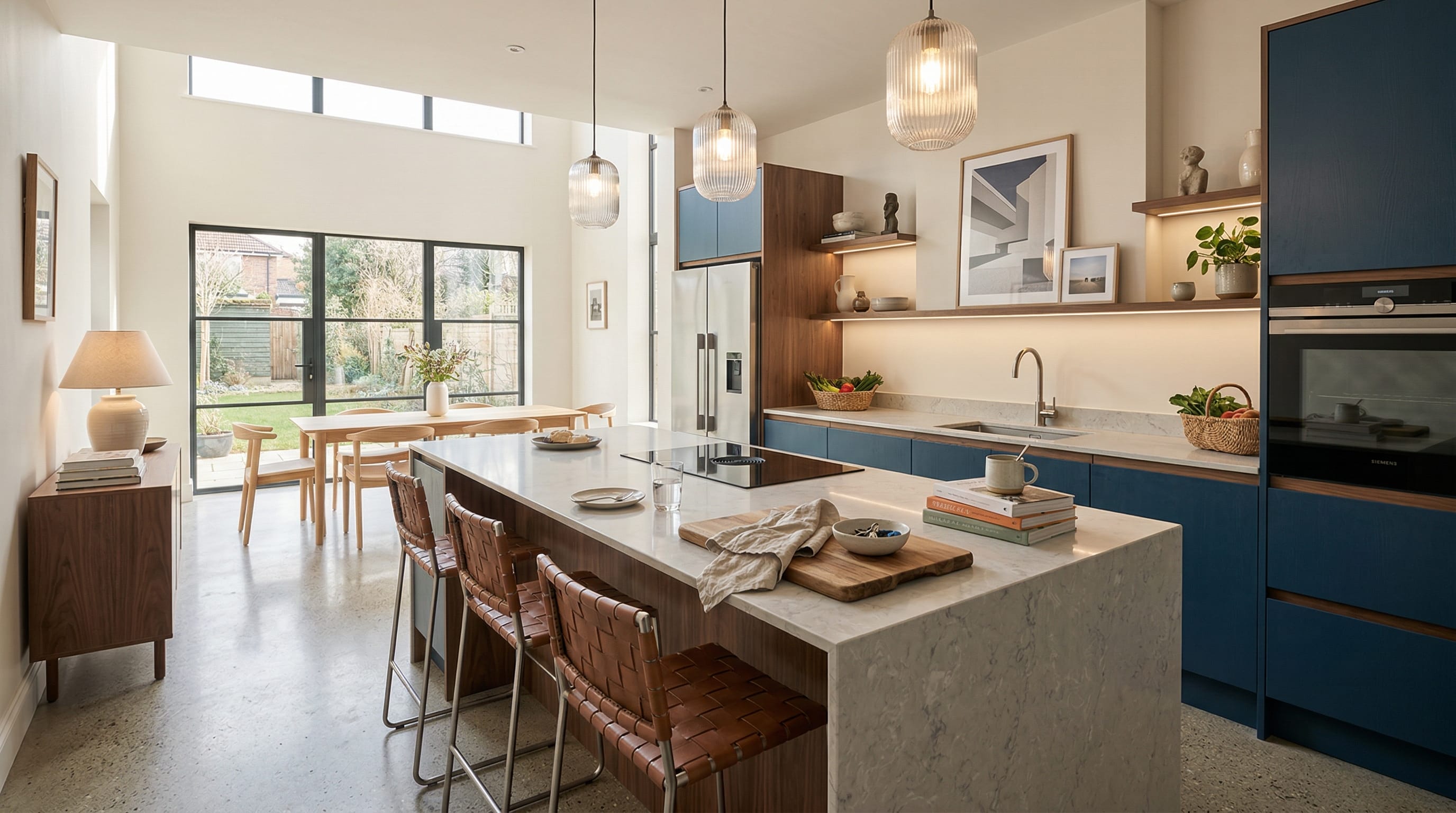 Wide view of a newly completed bespoke Mastercraft kitchen, contemporary painted lay-on cabinetry in mussel tones