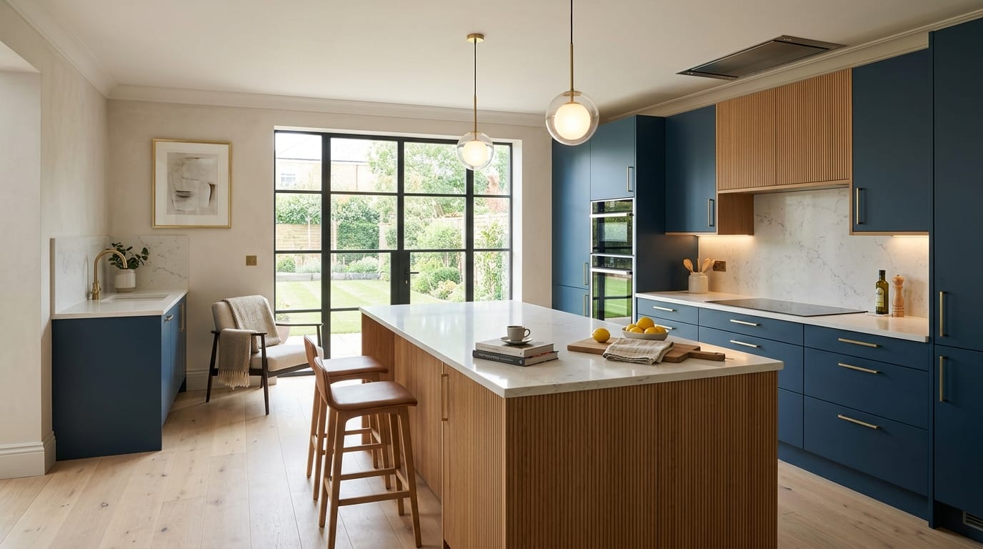 Wide view of a newly completed bespoke Mastercraft kitchen, modern shaker cabinetry in deep forest tones