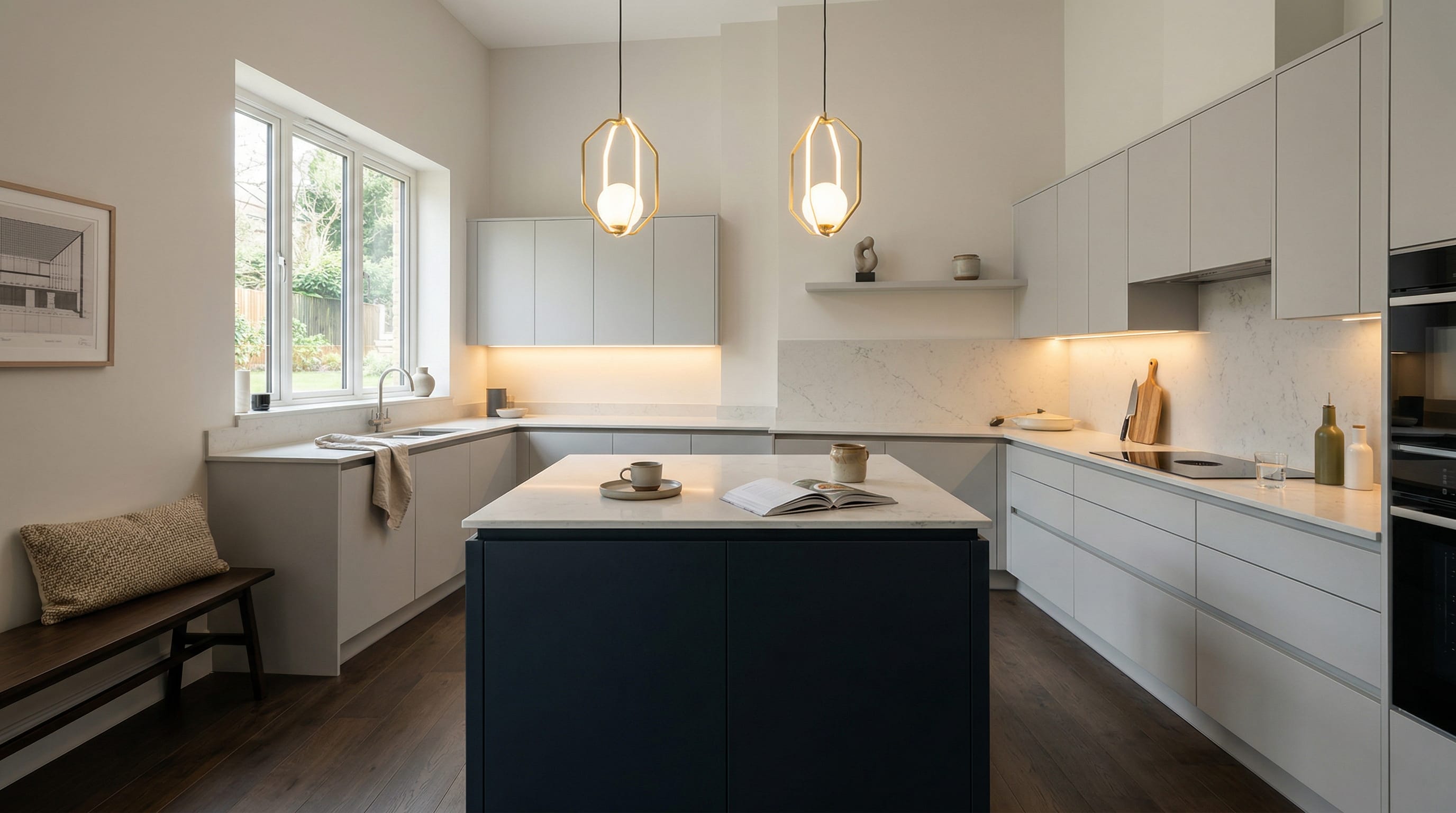 Wide view of a newly completed bespoke Mastercraft kitchen, matt painted handleless slab cabinetry in cashmere tones