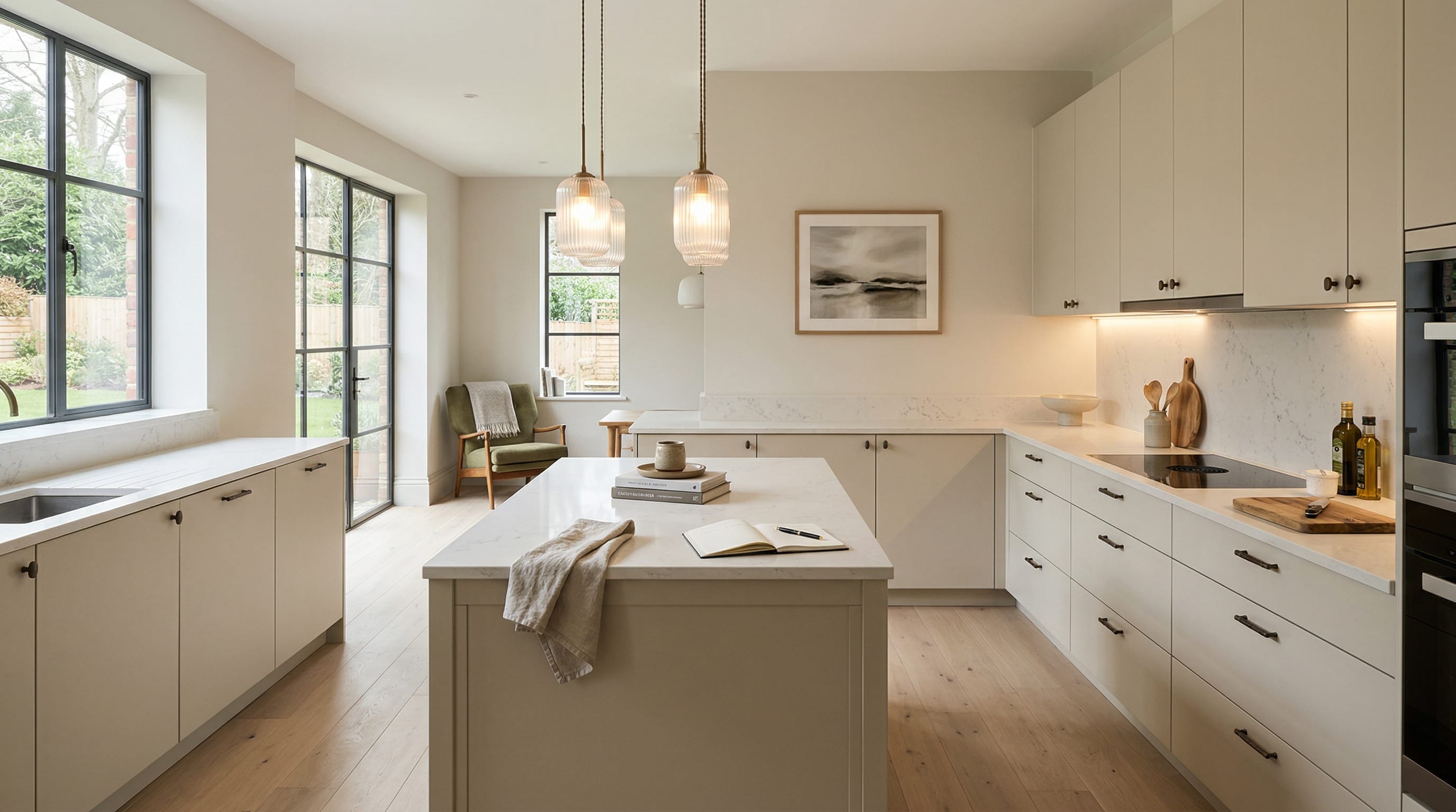 Wide view of a newly completed bespoke Mastercraft kitchen, timber veneer slab-door cabinetry in cashmere tones