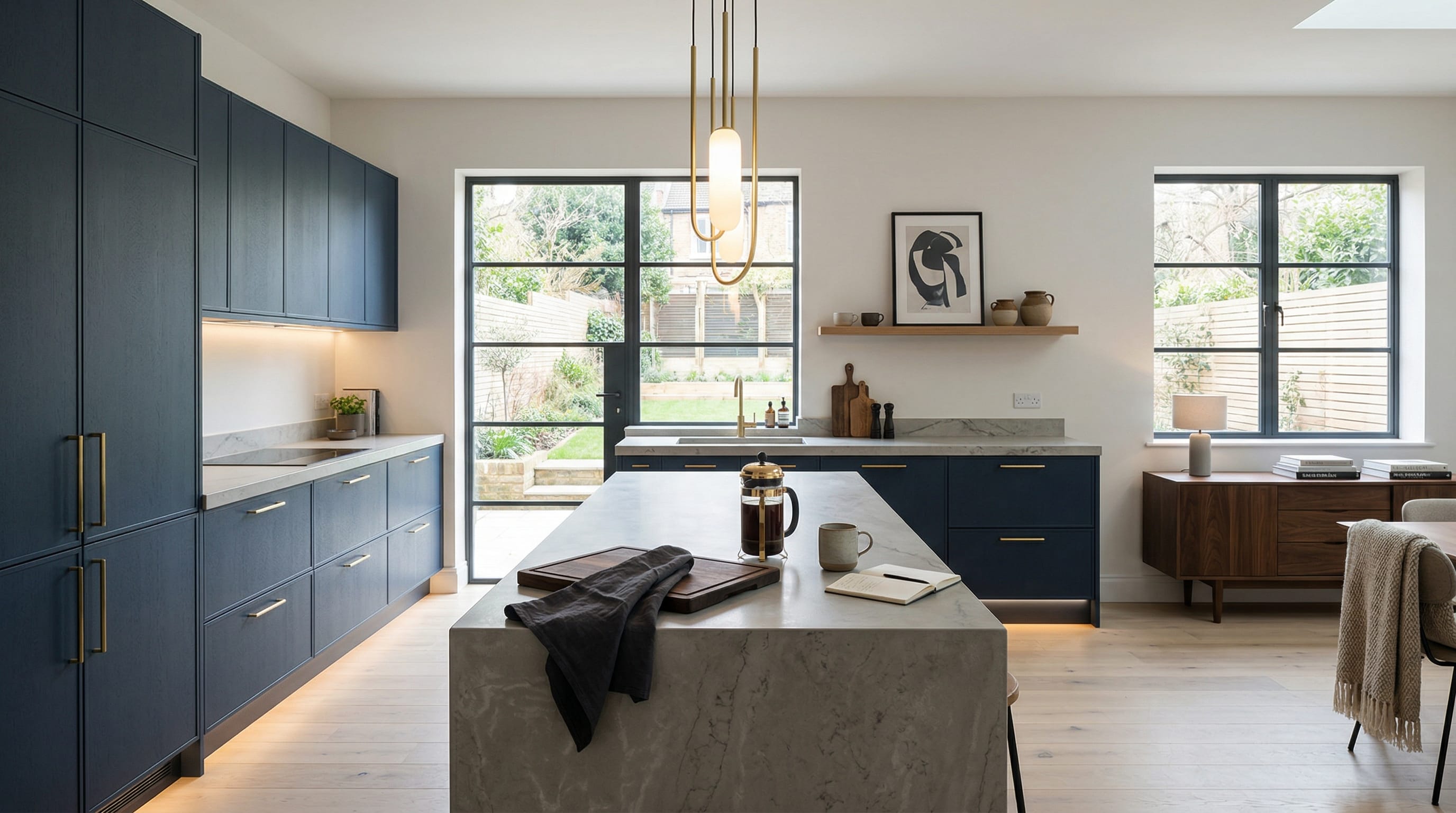 Wide view of a newly completed bespoke Mastercraft kitchen, matt painted handleless slab cabinetry in graphite tones