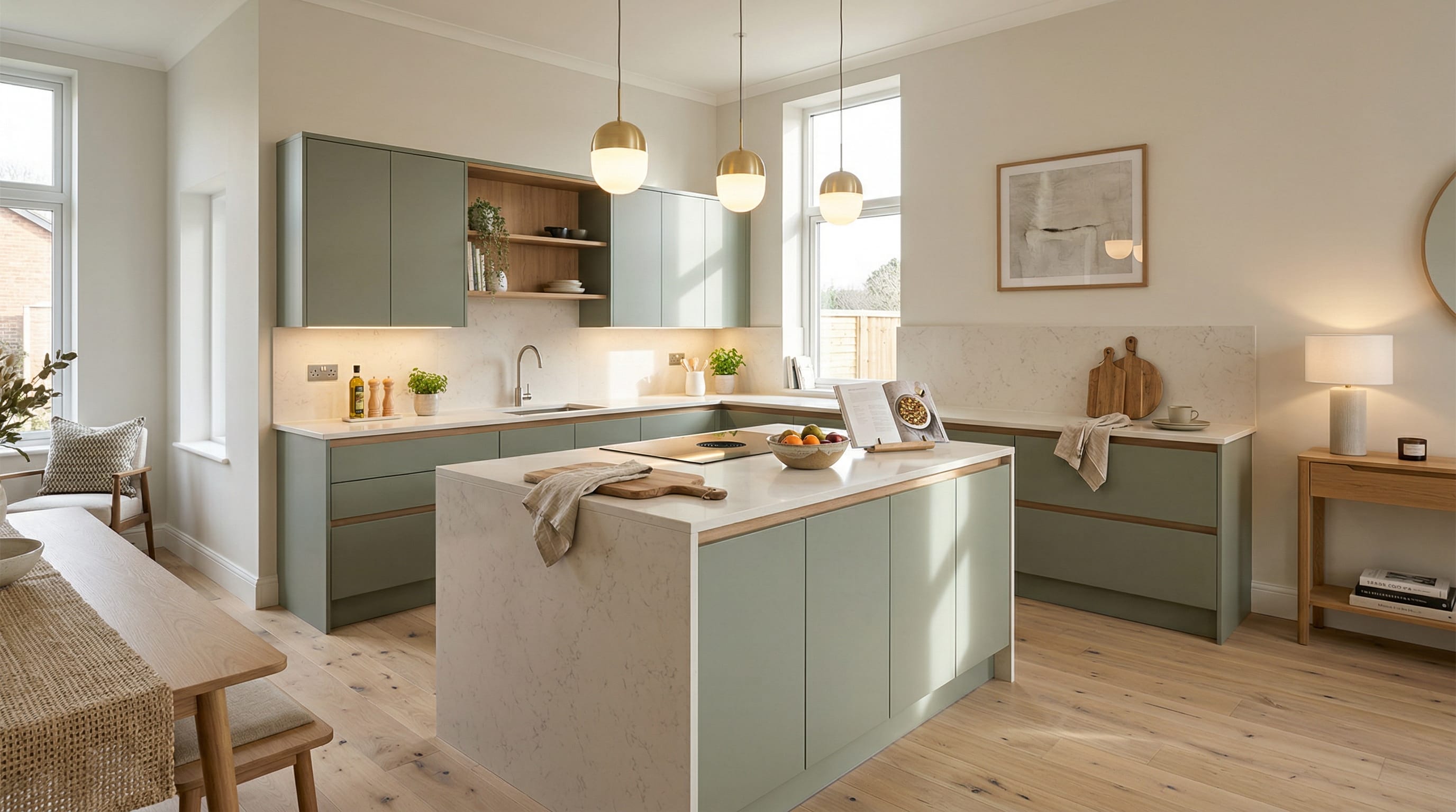 Wide view of a newly completed bespoke Mastercraft kitchen, timber veneer slab-door cabinetry in brilliant white tones