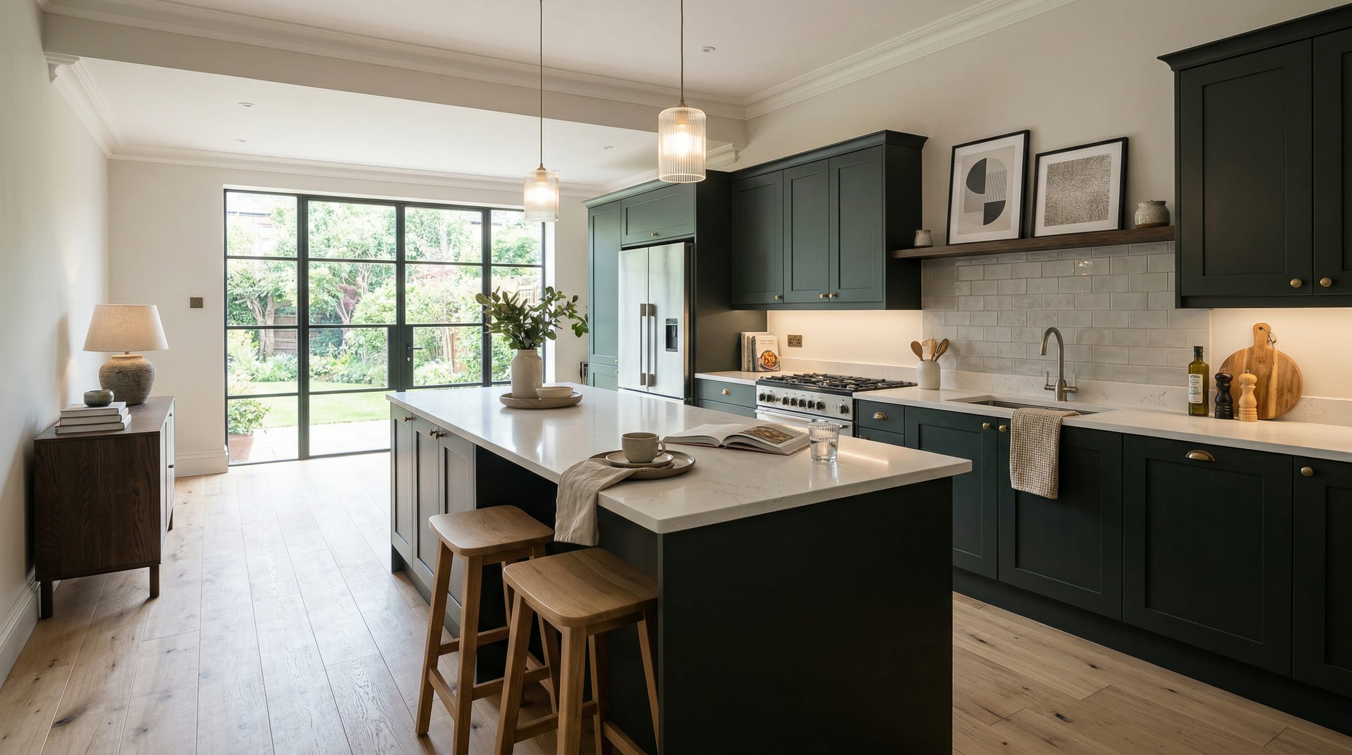 Wide view of a newly completed bespoke Mastercraft kitchen, modern shaker cabinetry in stone grey tones