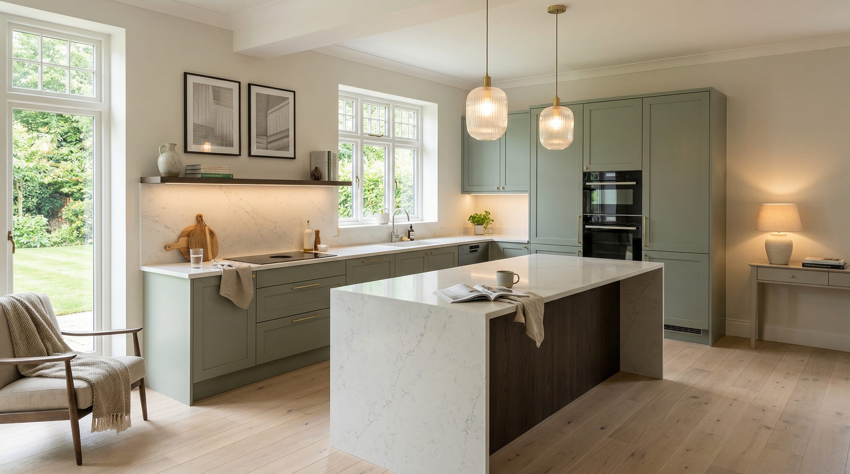 Wide view of a newly completed bespoke Mastercraft kitchen, matt painted handleless slab cabinetry in ivory tones
