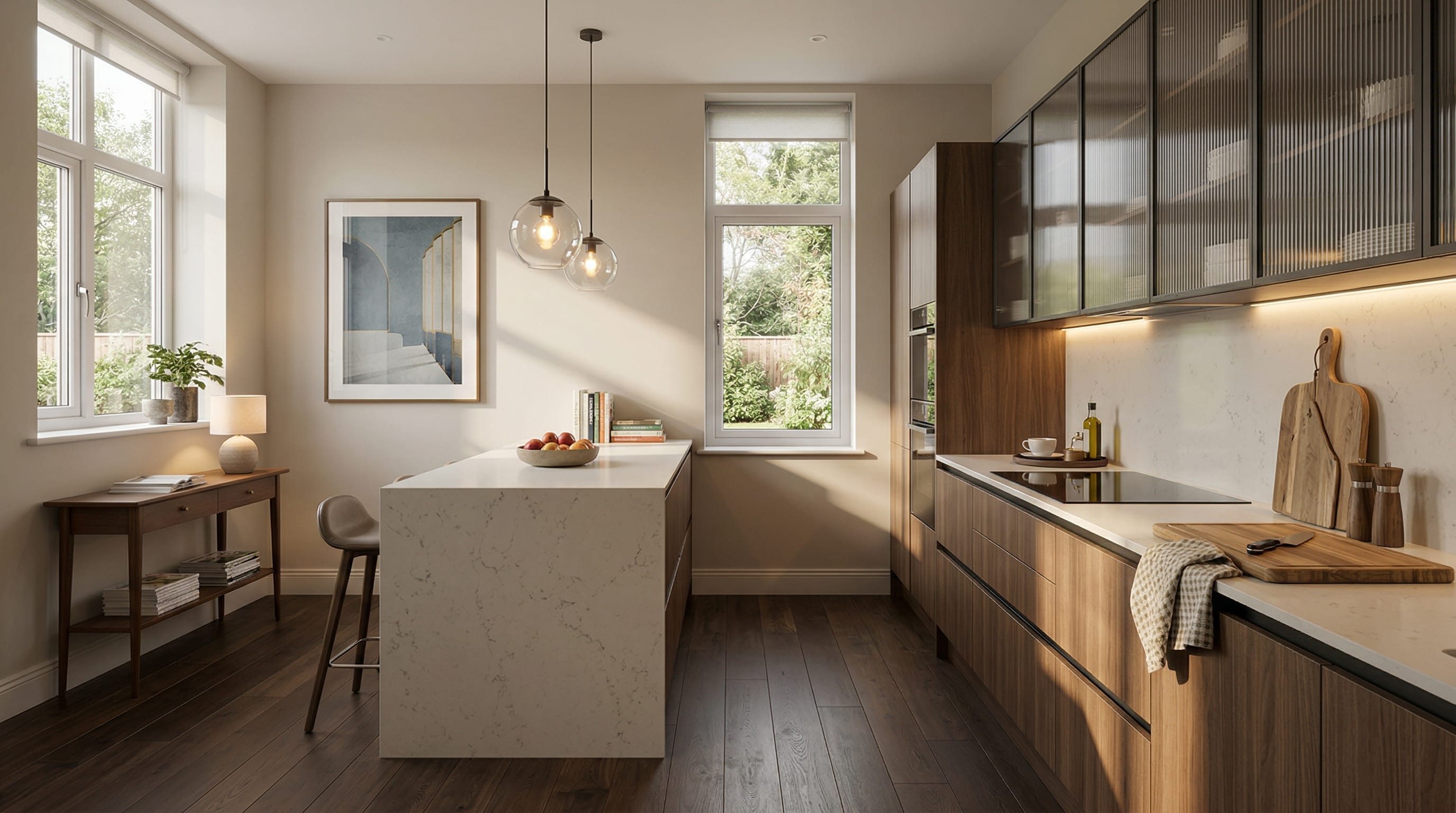 Wide view of a newly completed bespoke Mastercraft kitchen, contemporary painted lay-on cabinetry in sage green tones