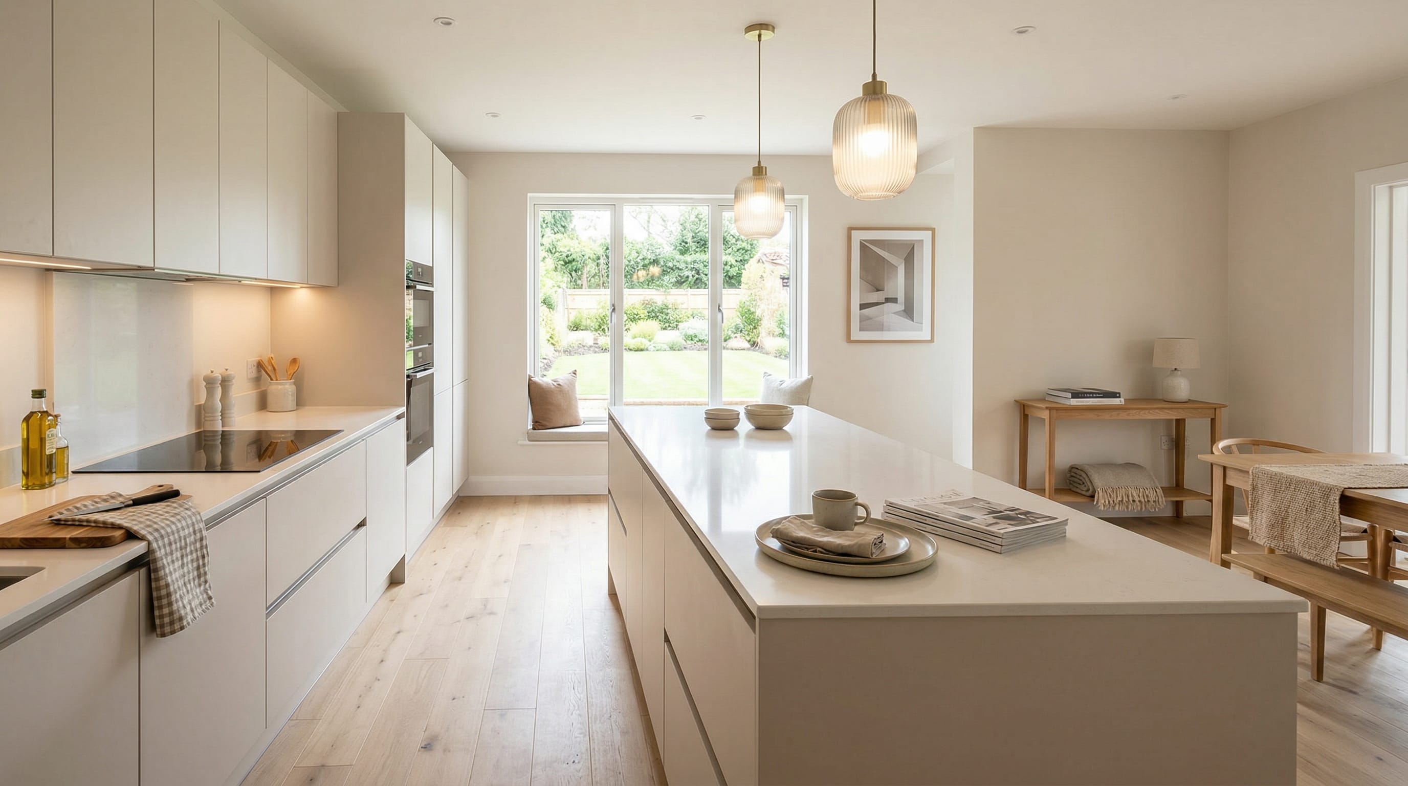 Wide view of a newly completed bespoke Mastercraft kitchen, timber veneer slab-door cabinetry in light grey tones