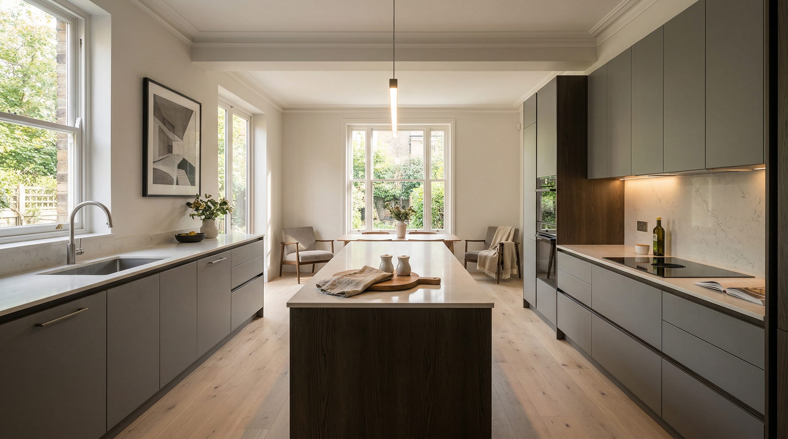 Wide view of a newly completed bespoke Mastercraft kitchen, timber veneer slab-door cabinetry in cardamom tones