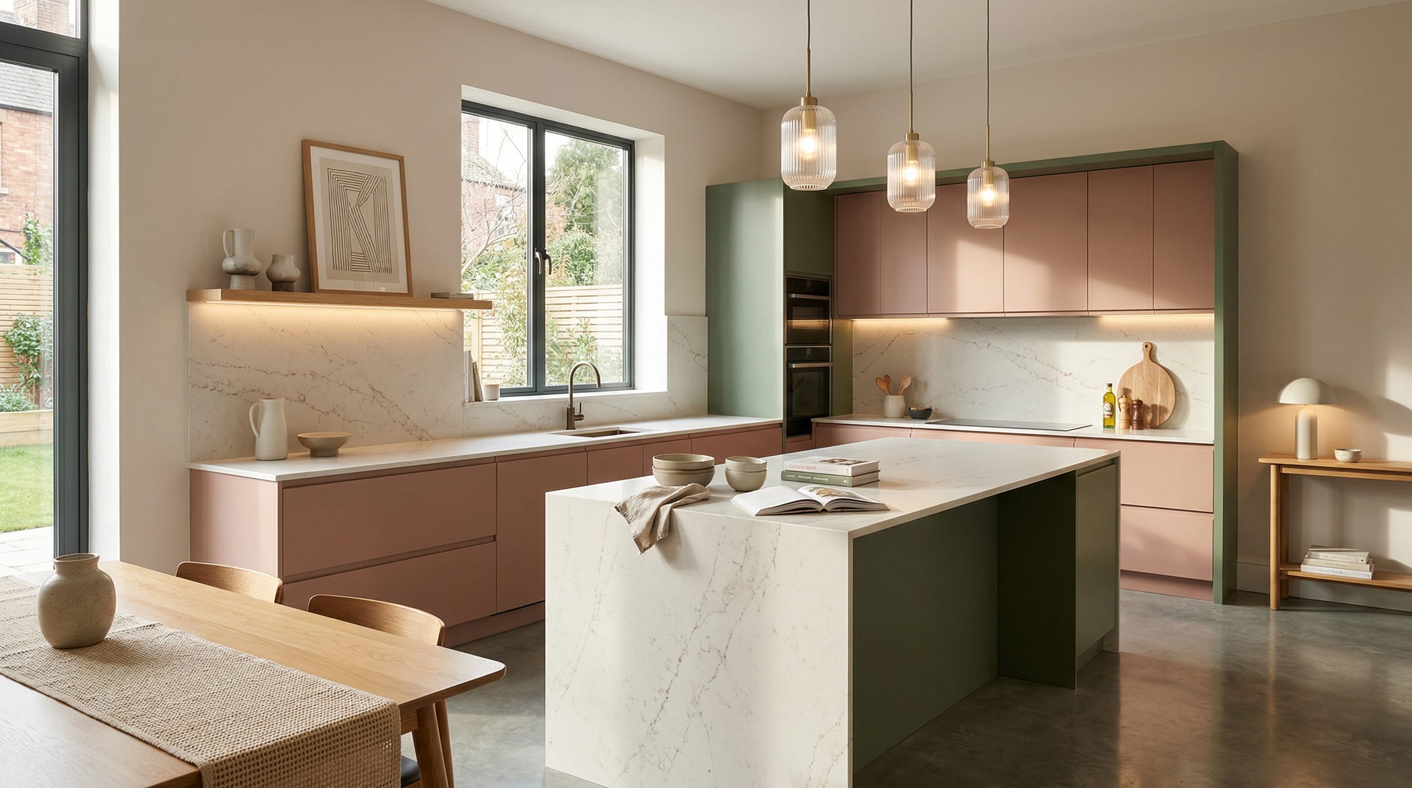 Wide view of a newly completed bespoke Mastercraft kitchen, contemporary in-frame cabinetry in cardamom tones