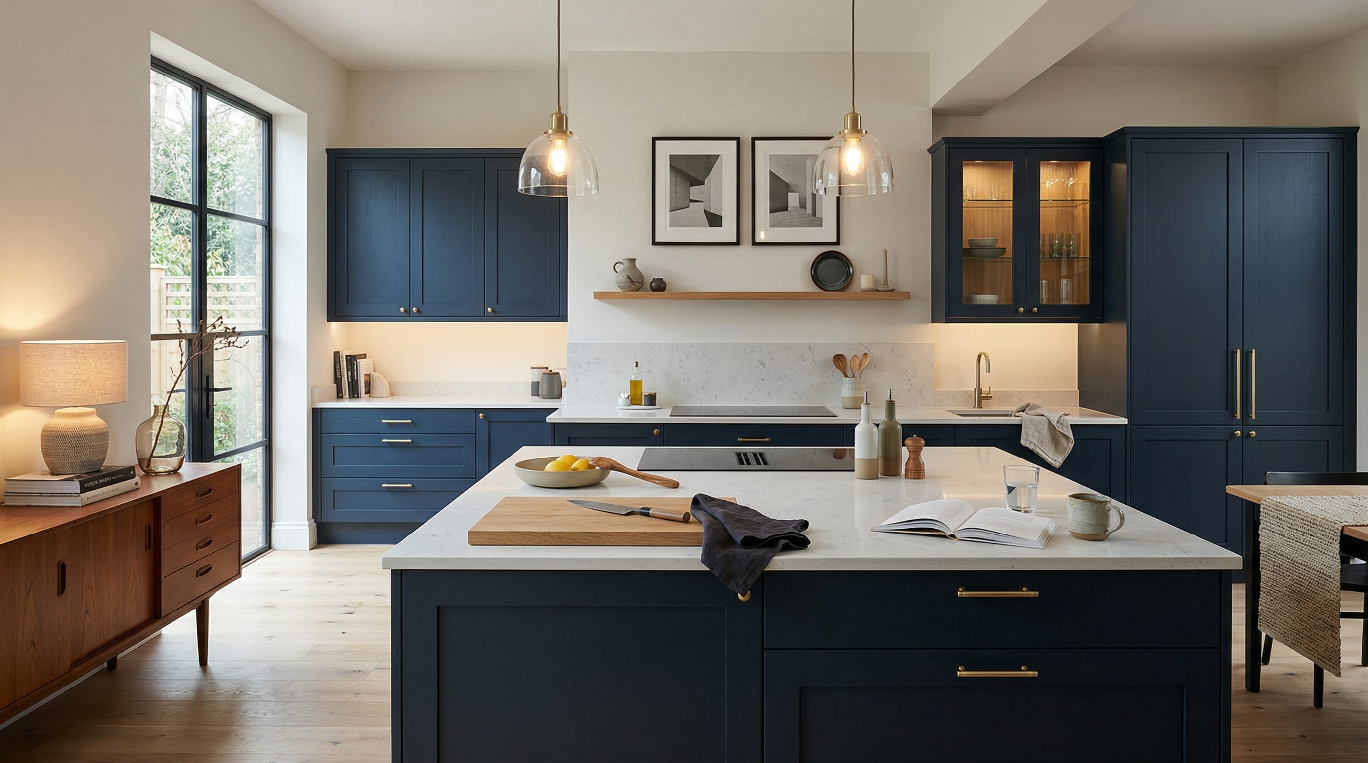 Wide view of a newly completed bespoke Mastercraft kitchen, timber veneer slab-door cabinetry in deep forest tones