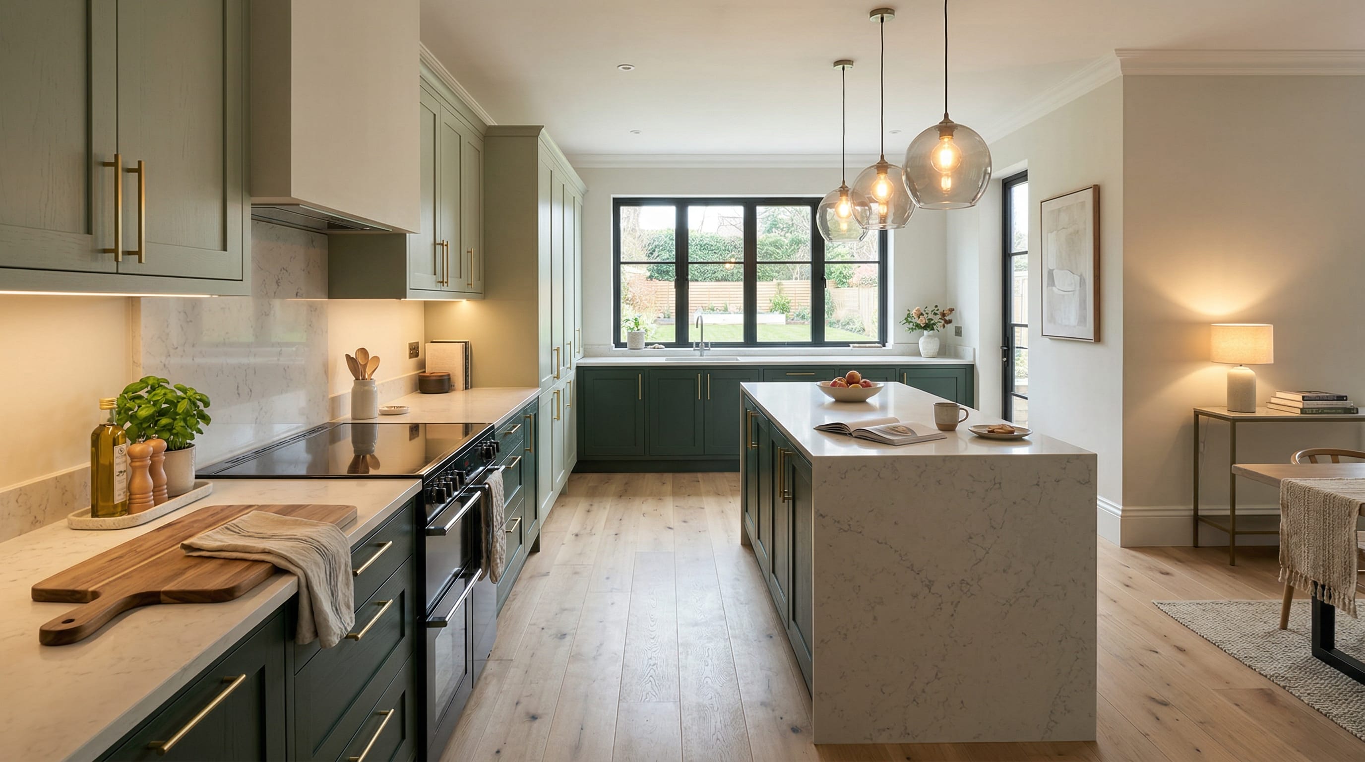Wide view of a newly completed bespoke Mastercraft kitchen, timber veneer slab-door cabinetry in cashmere tones