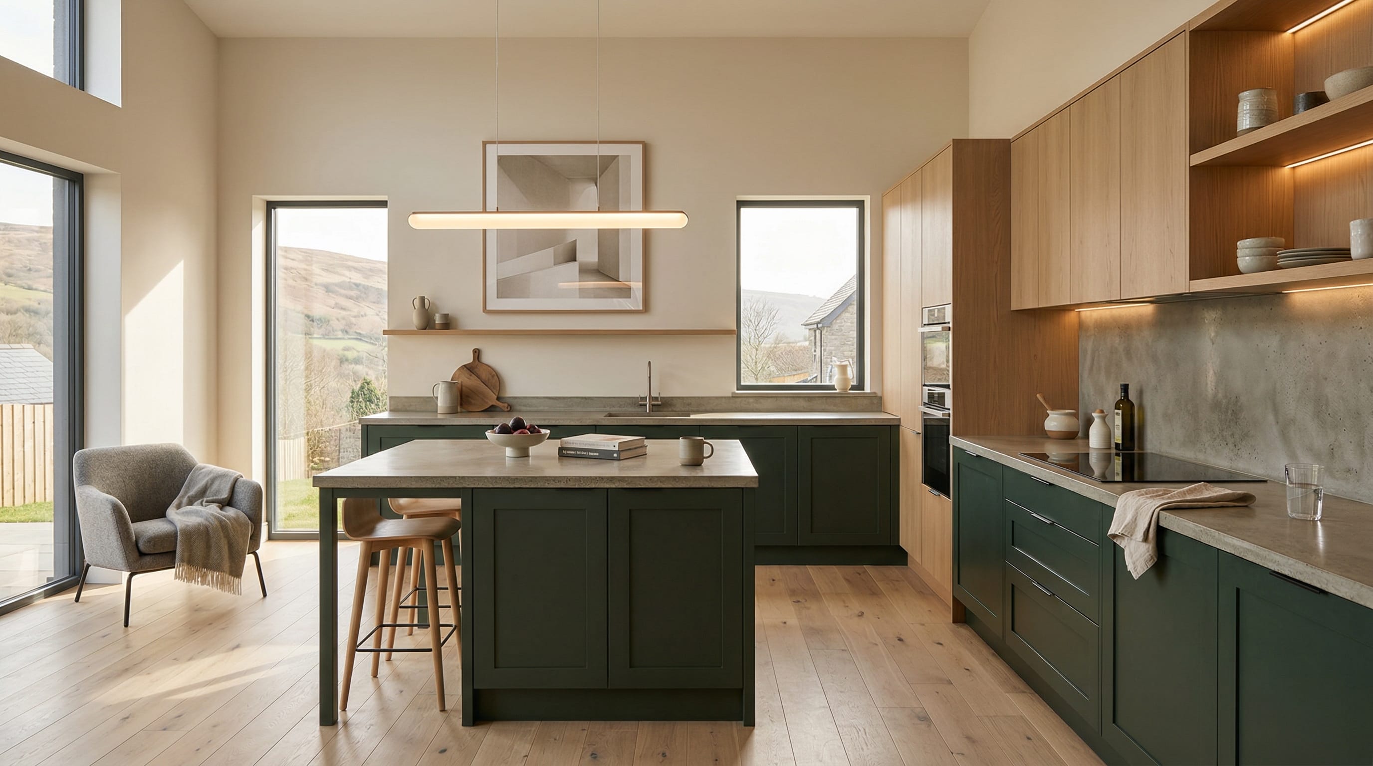 Wide view of a newly completed bespoke Mastercraft kitchen, matt painted handleless slab cabinetry in pantry blue tones