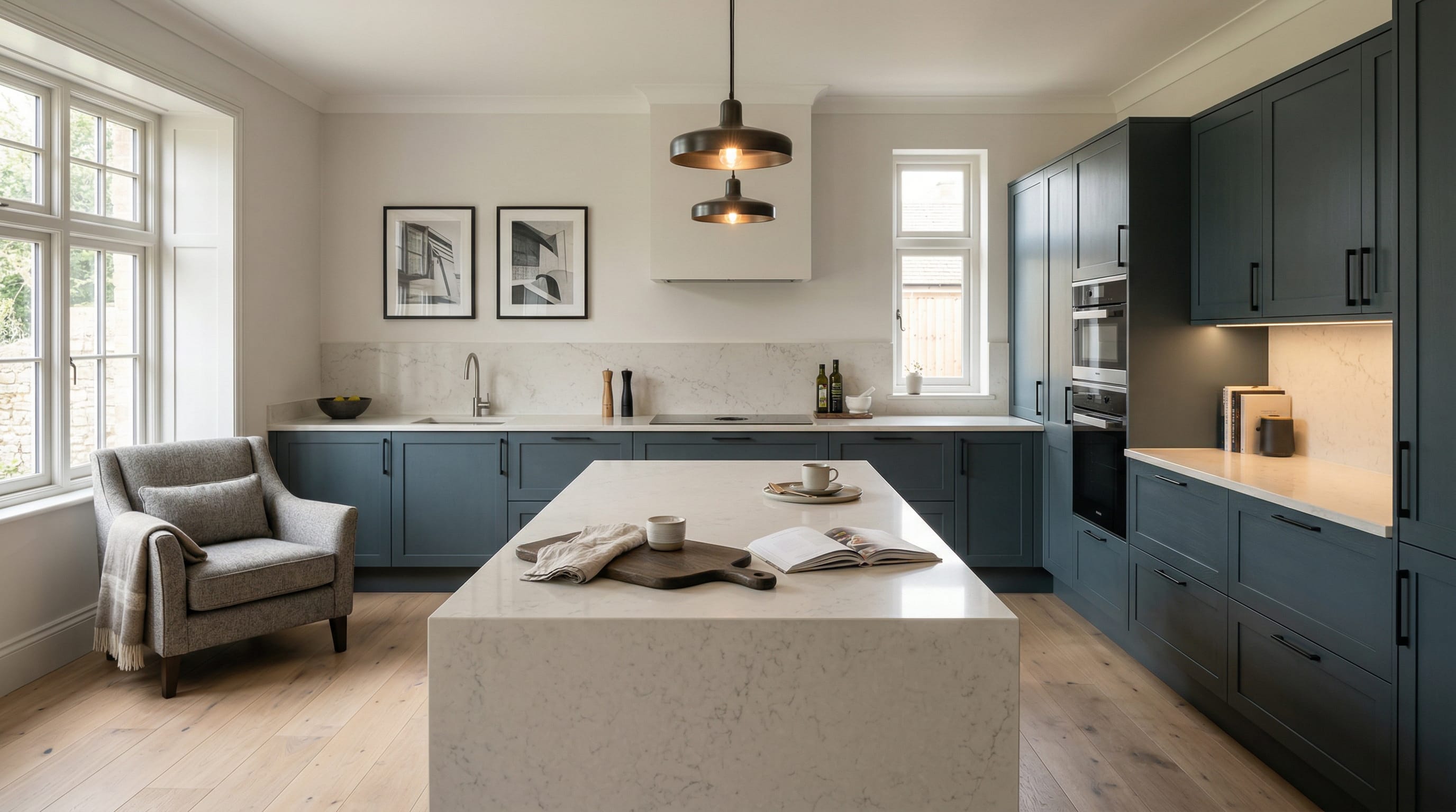 Wide view of a newly completed bespoke Mastercraft kitchen, contemporary painted lay-on cabinetry in light teal tones
