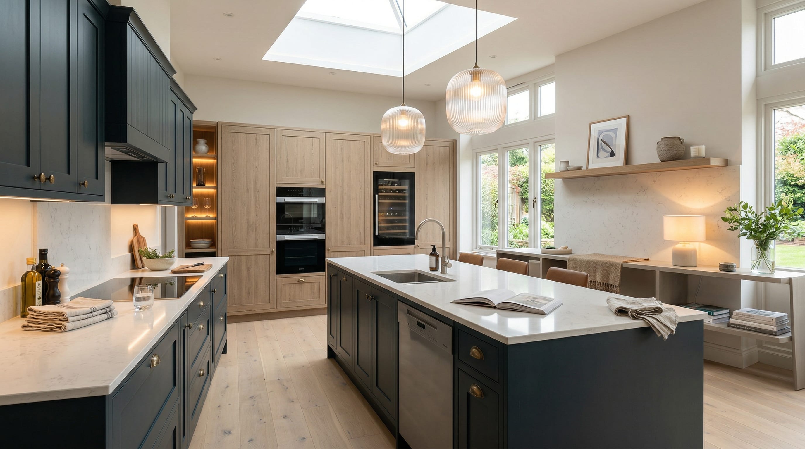 Wide view of a newly completed bespoke Mastercraft kitchen, modern shaker cabinetry in monument grey tones