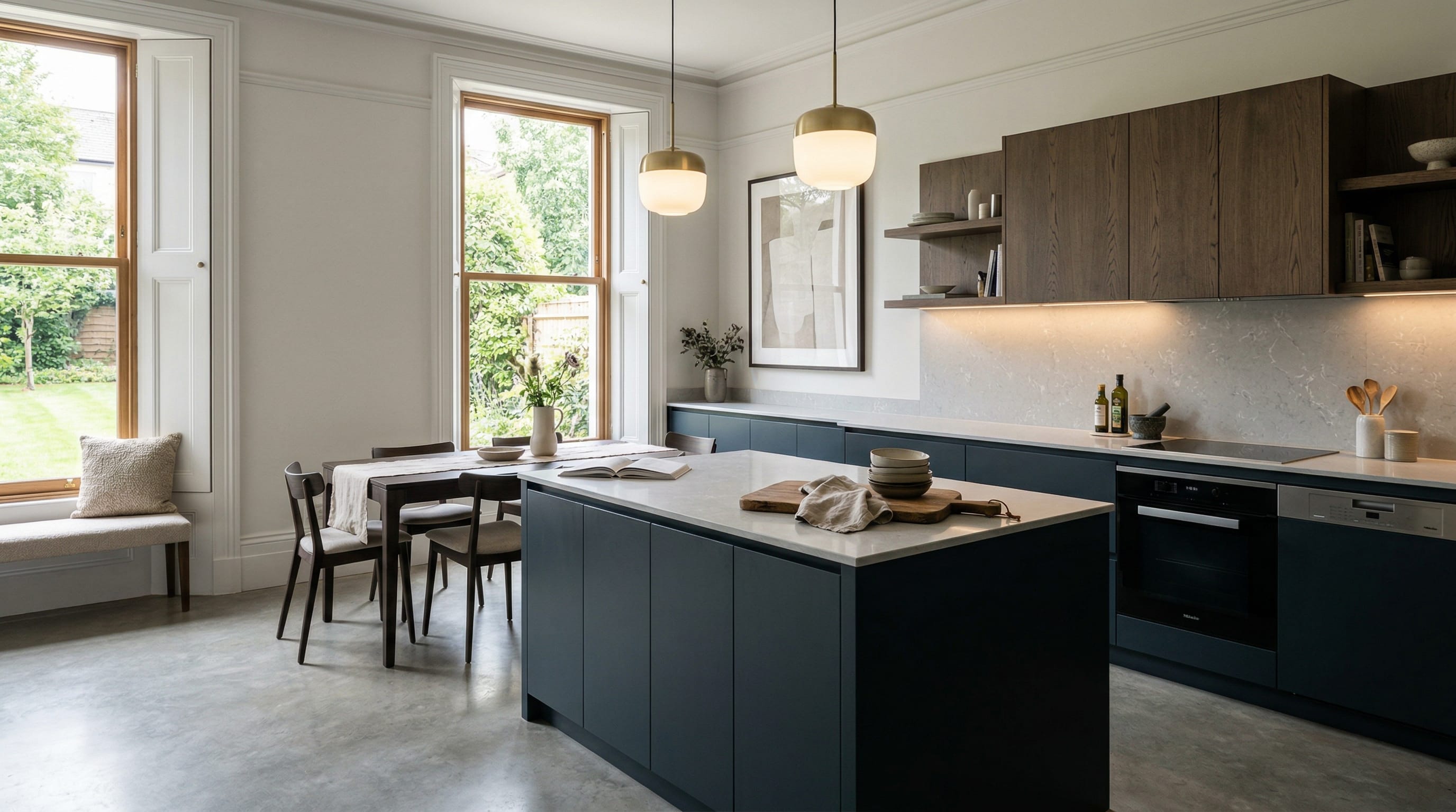 Wide view of a newly completed bespoke Mastercraft kitchen, matt painted handleless slab cabinetry in viridian tones