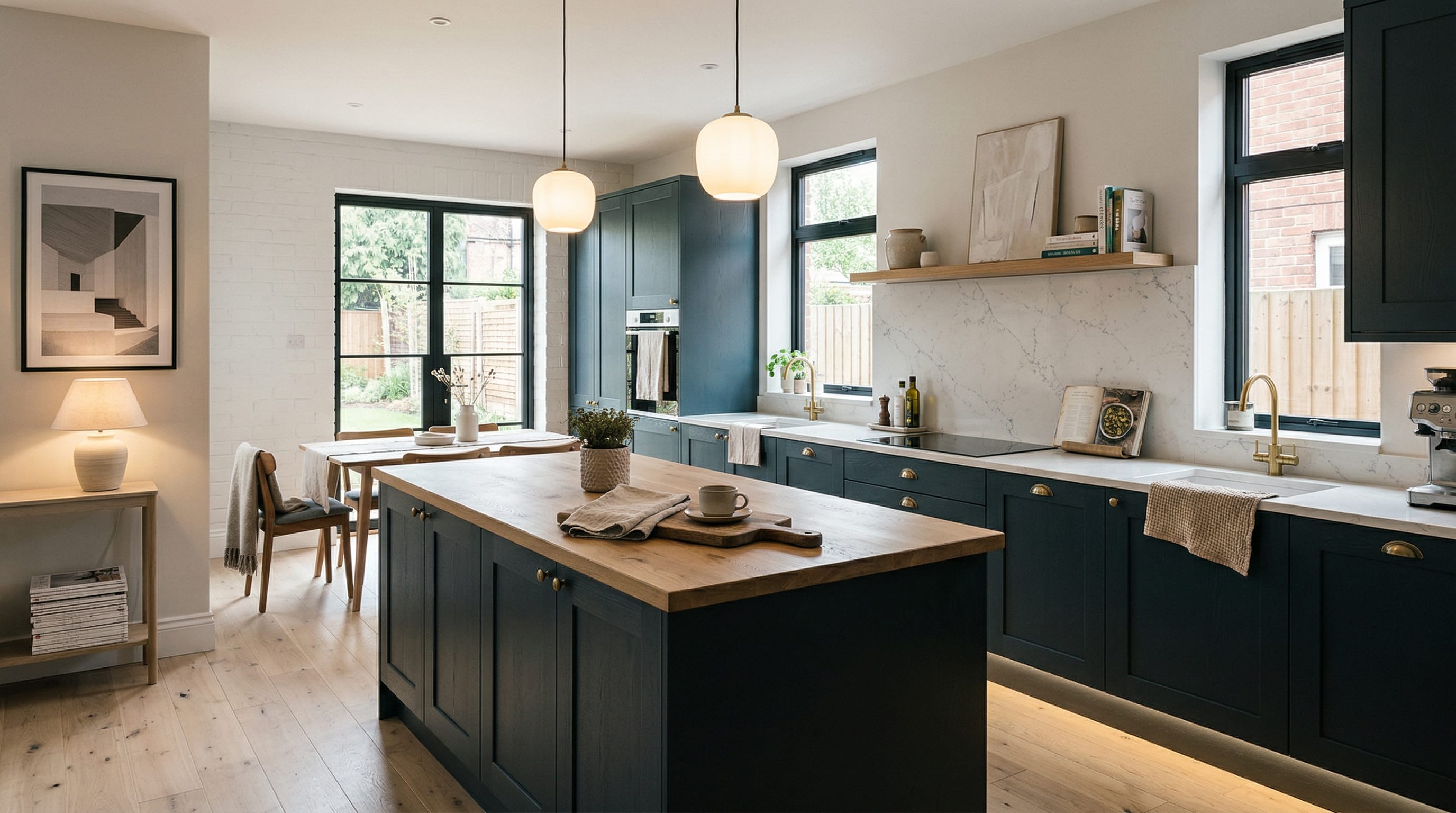 Wide view of a newly completed bespoke Mastercraft kitchen, timber veneer slab-door cabinetry in shell tones