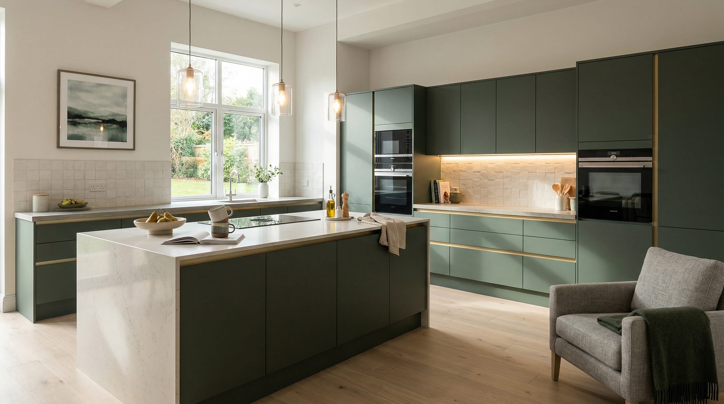 Wide view of a newly completed bespoke Mastercraft kitchen, contemporary painted lay-on cabinetry in porcelain tones