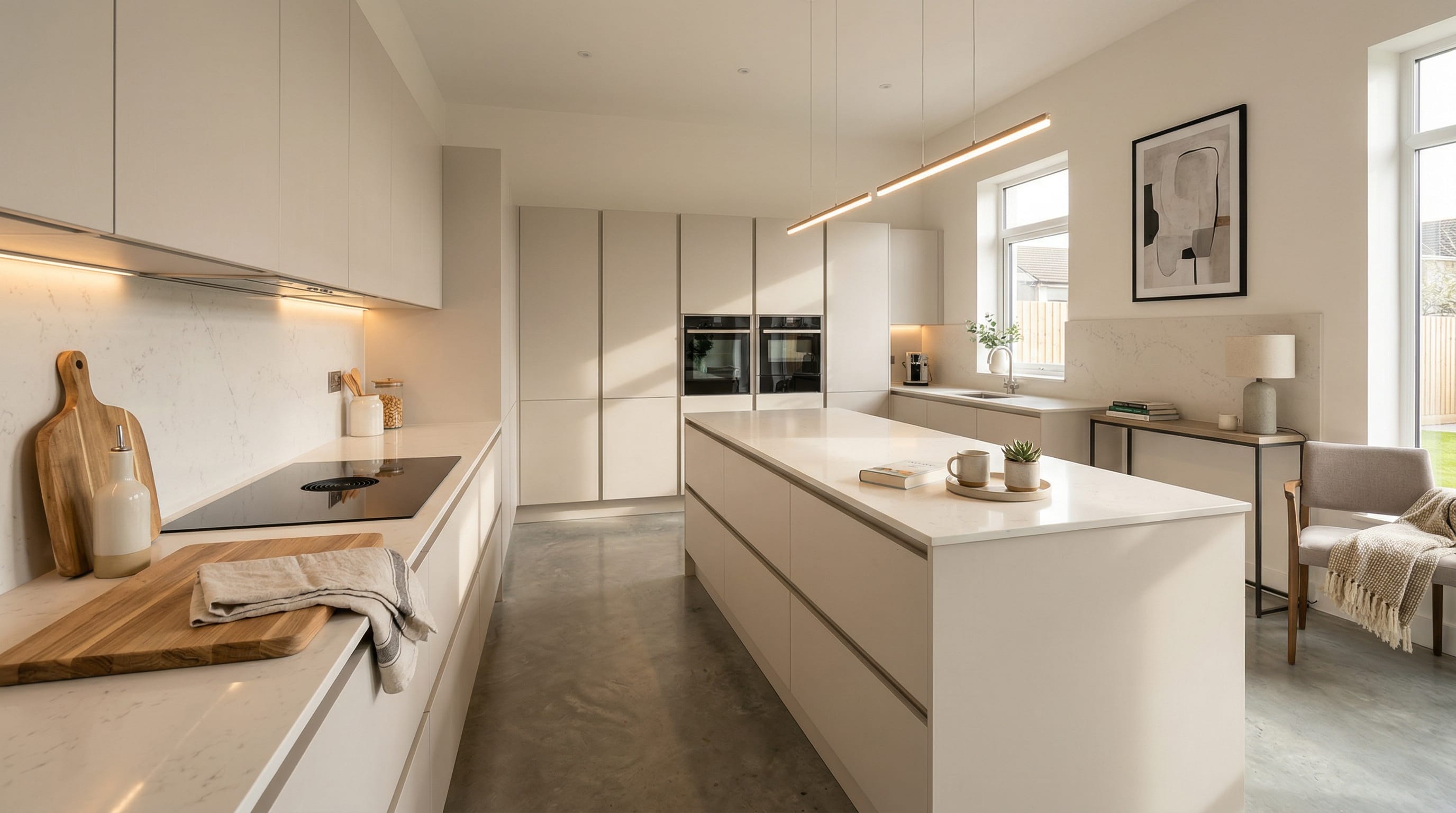 Wide view of a newly completed bespoke Mastercraft kitchen, modern shaker cabinetry in reed green tones