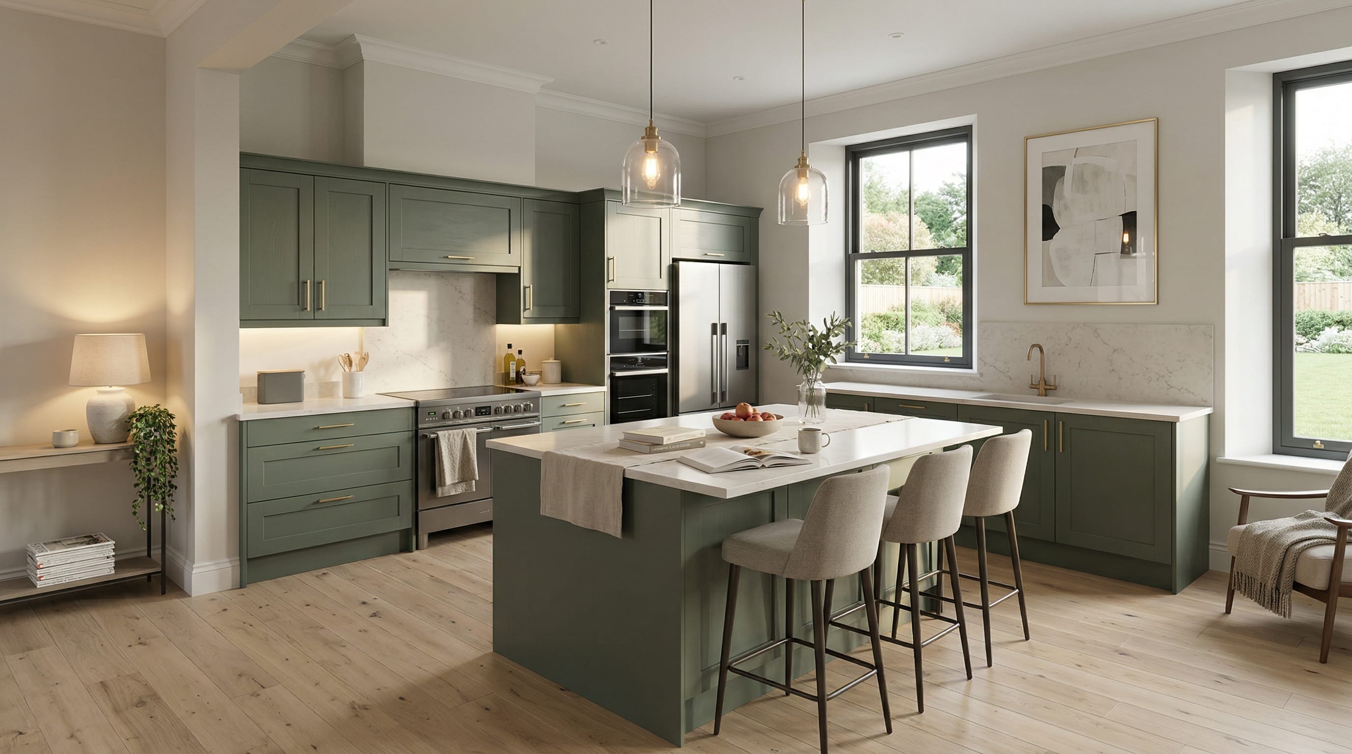 Wide view of a newly completed bespoke Mastercraft kitchen, modern shaker cabinetry in brilliant white tones
