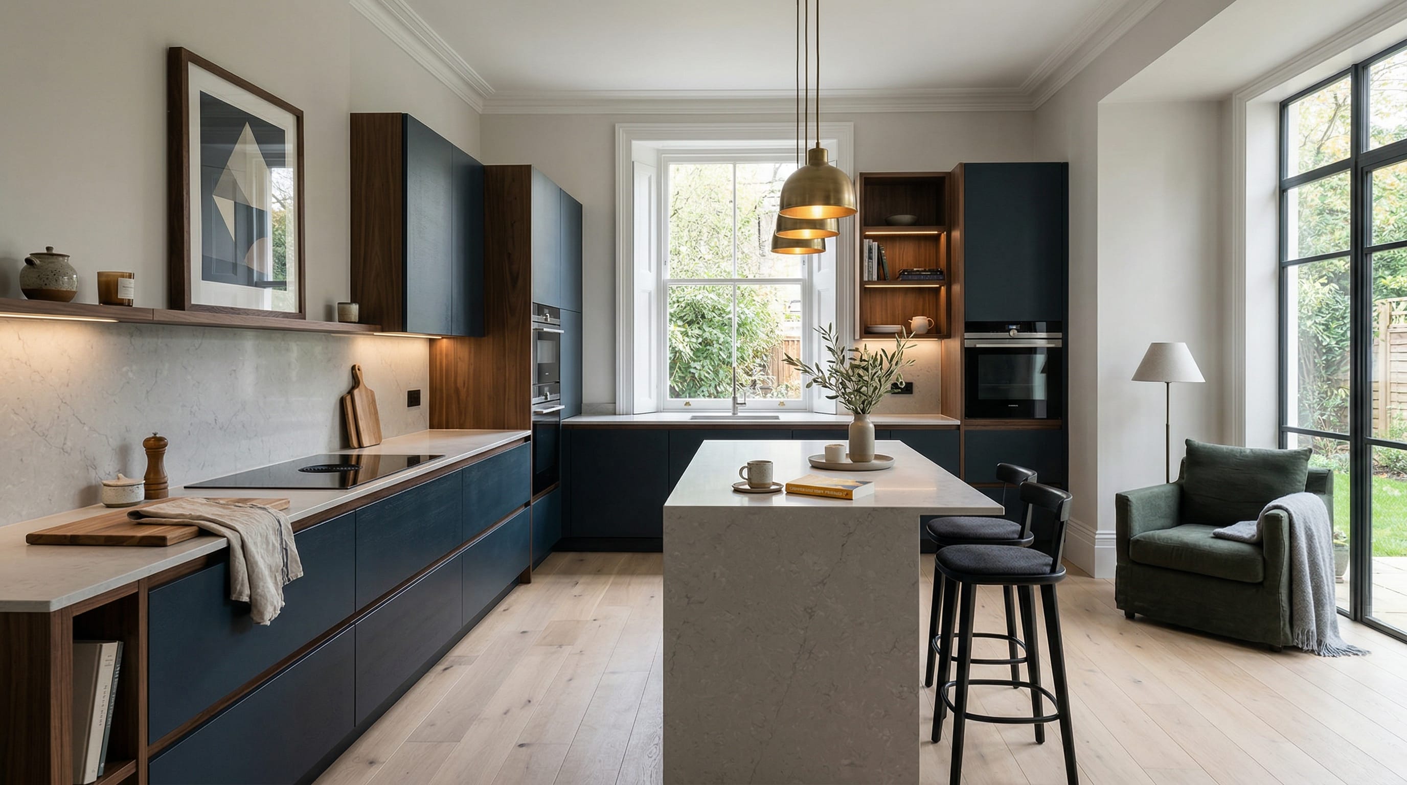 Wide view of a newly completed bespoke Mastercraft kitchen, contemporary painted lay-on cabinetry in cardamom tones