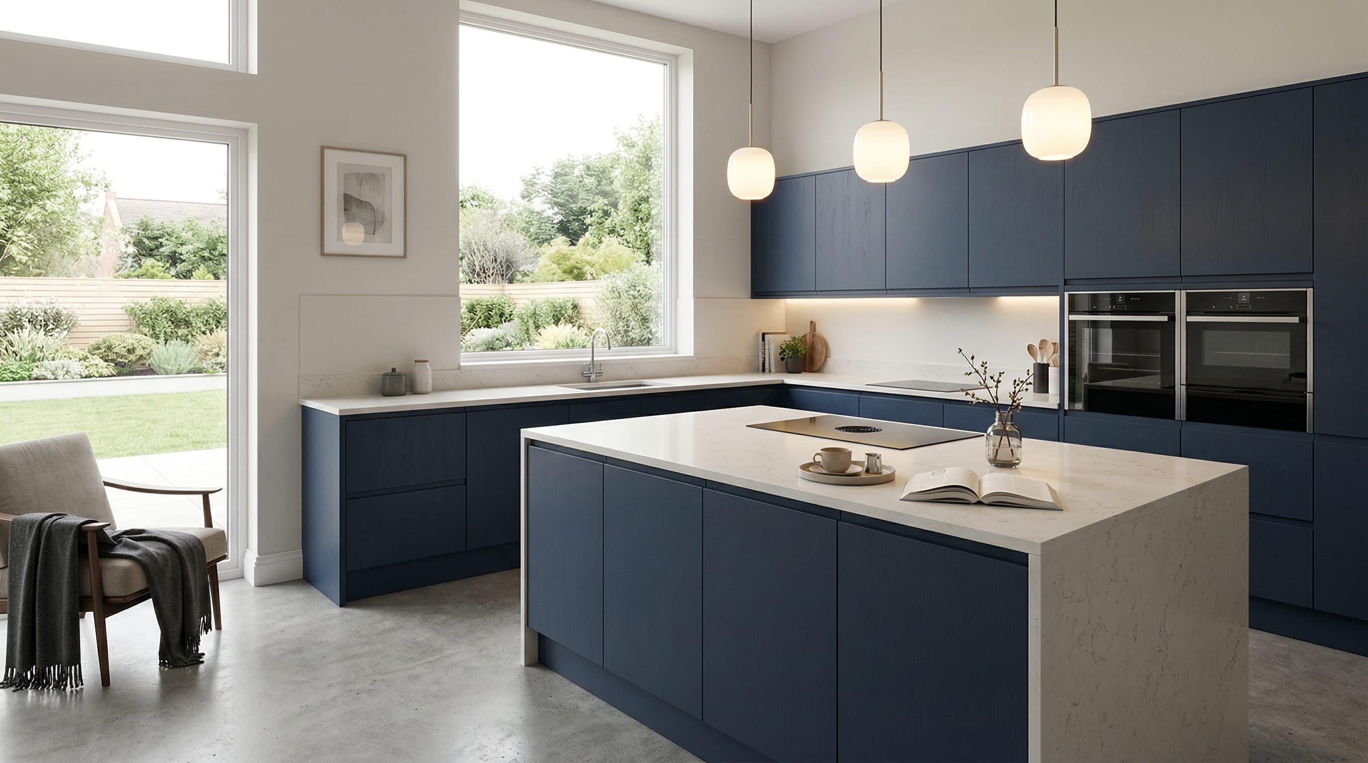 Wide view of a newly completed bespoke Mastercraft kitchen, contemporary painted lay-on cabinetry in porcelain tones