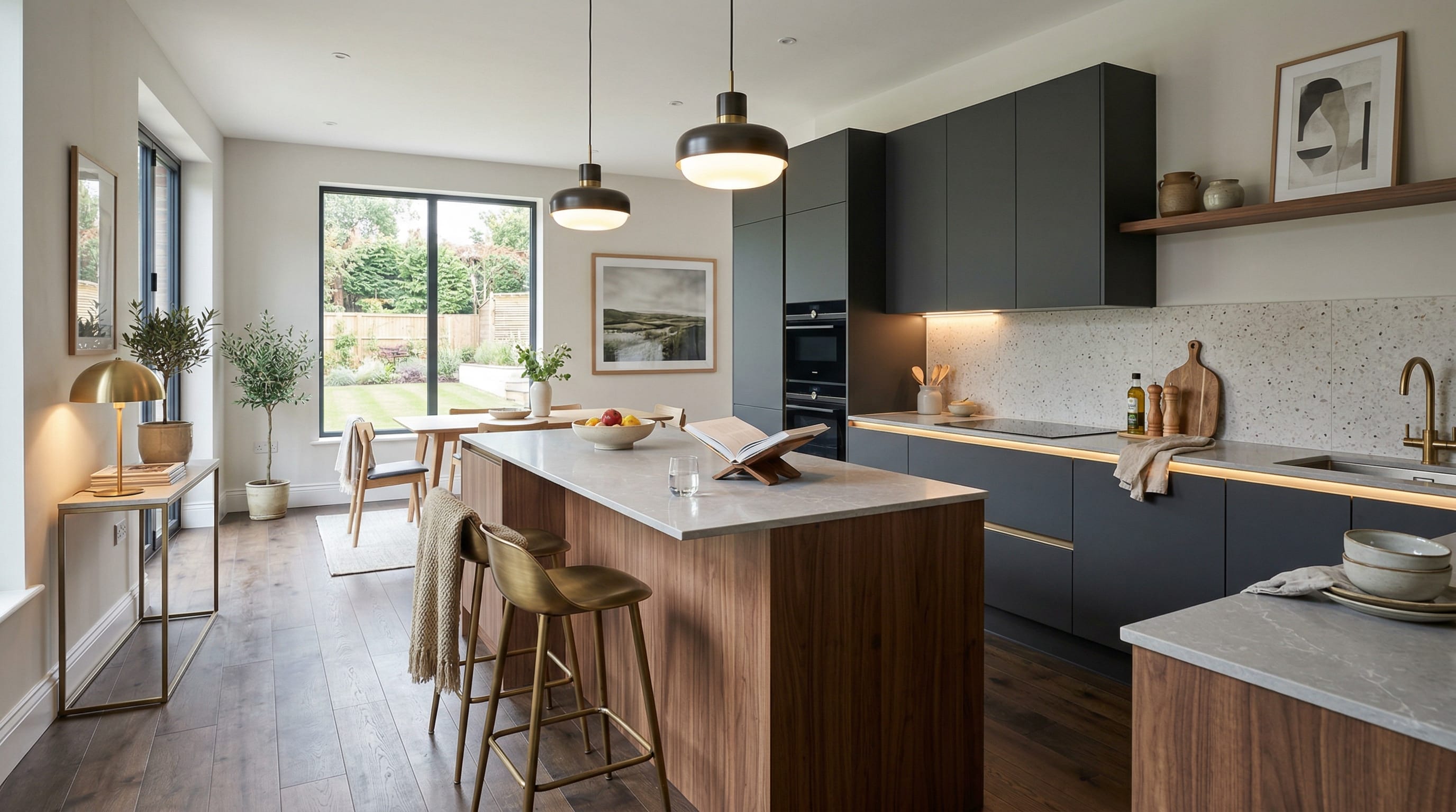 Wide view of a newly completed bespoke Mastercraft kitchen, timber veneer slab-door cabinetry in light grey tones
