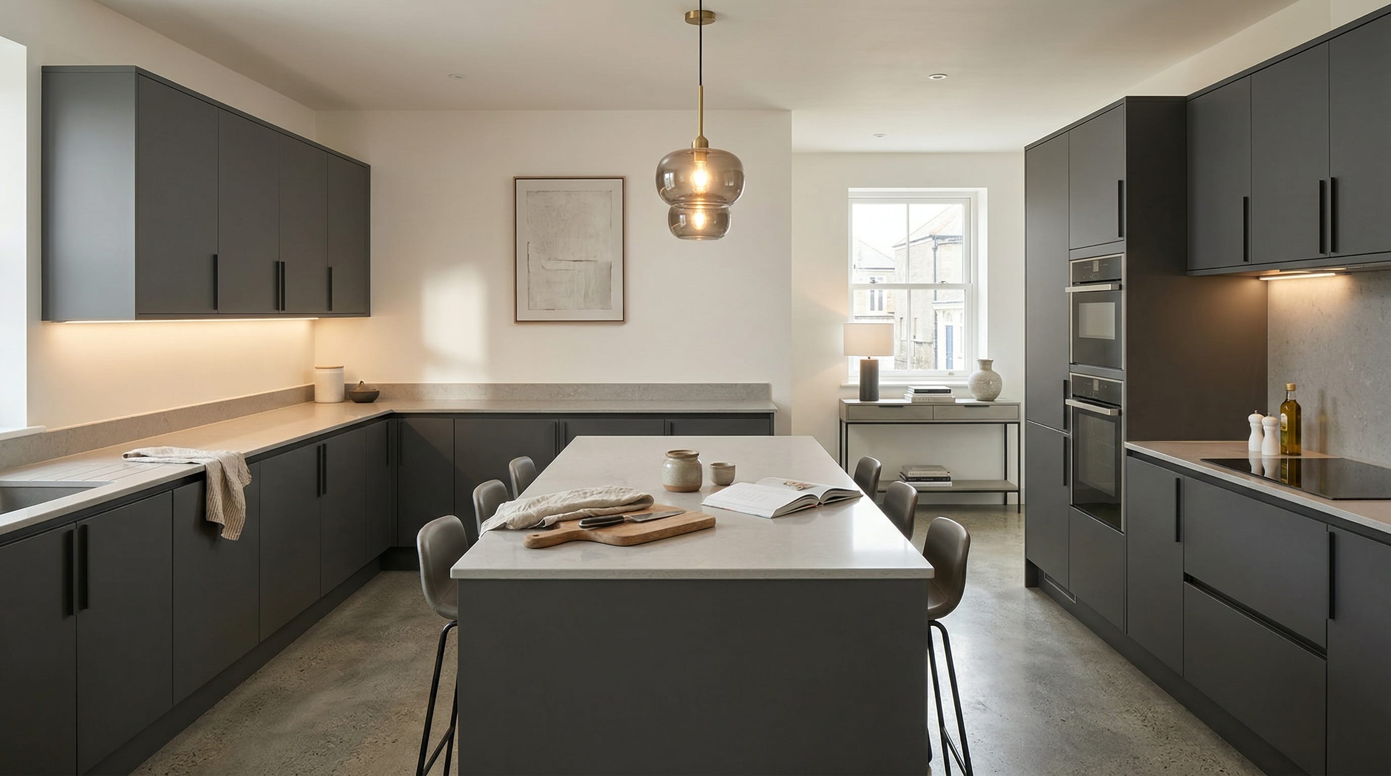 Wide view of a newly completed bespoke Mastercraft kitchen, modern shaker cabinetry in stone grey tones