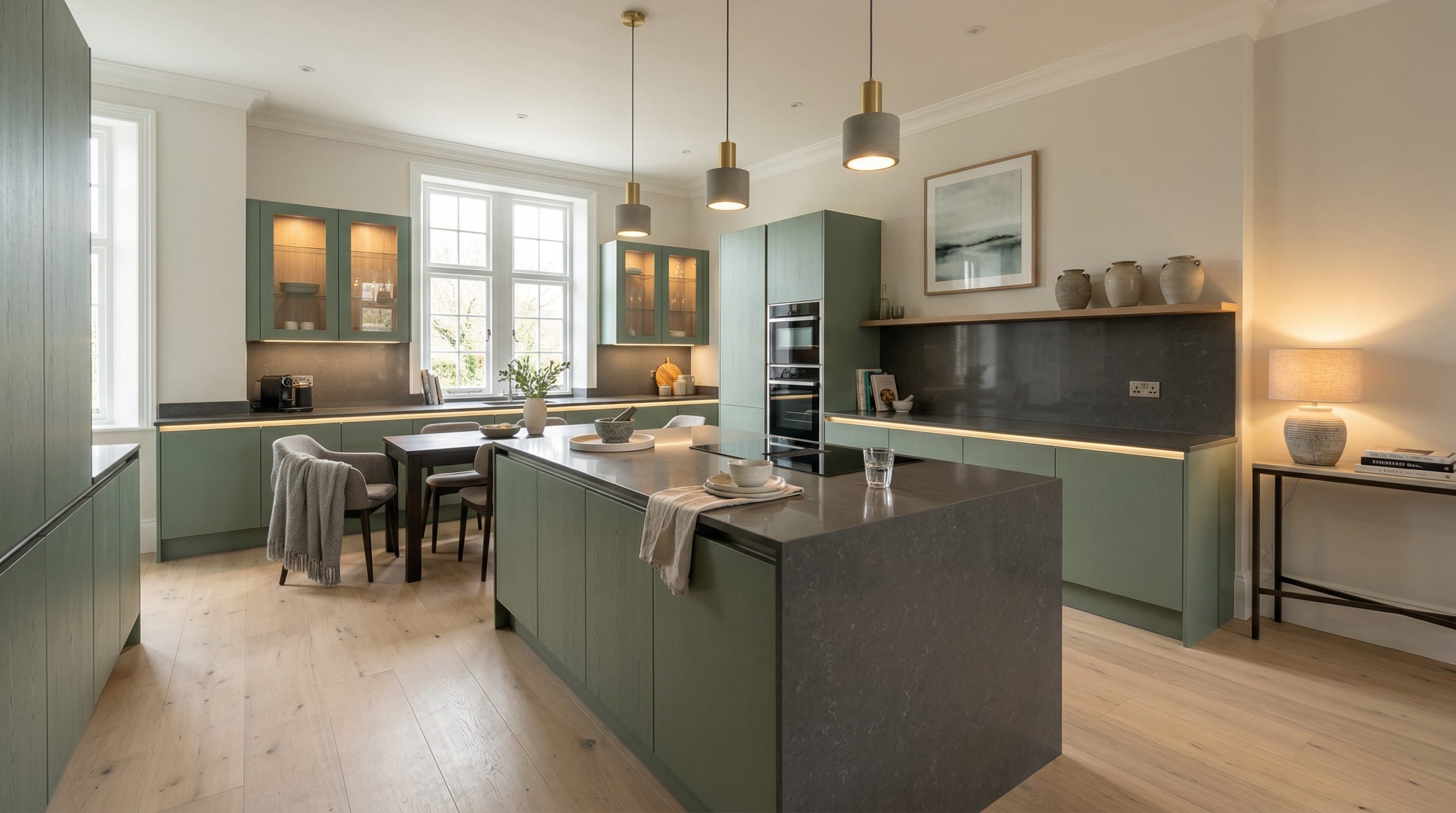 Wide view of a newly completed bespoke Mastercraft kitchen, contemporary painted lay-on cabinetry in monument grey tones