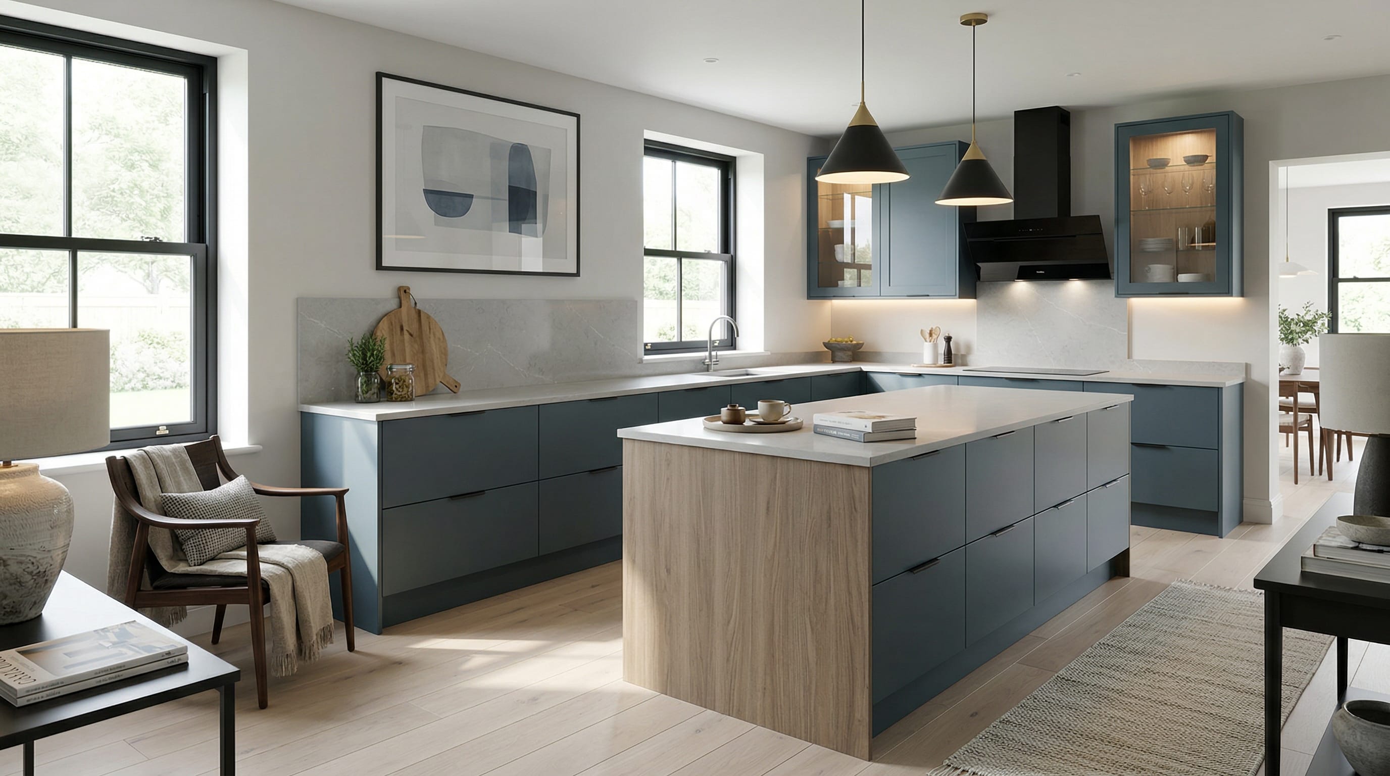Wide view of a newly completed bespoke Mastercraft kitchen, timber veneer slab-door cabinetry in sage green tones