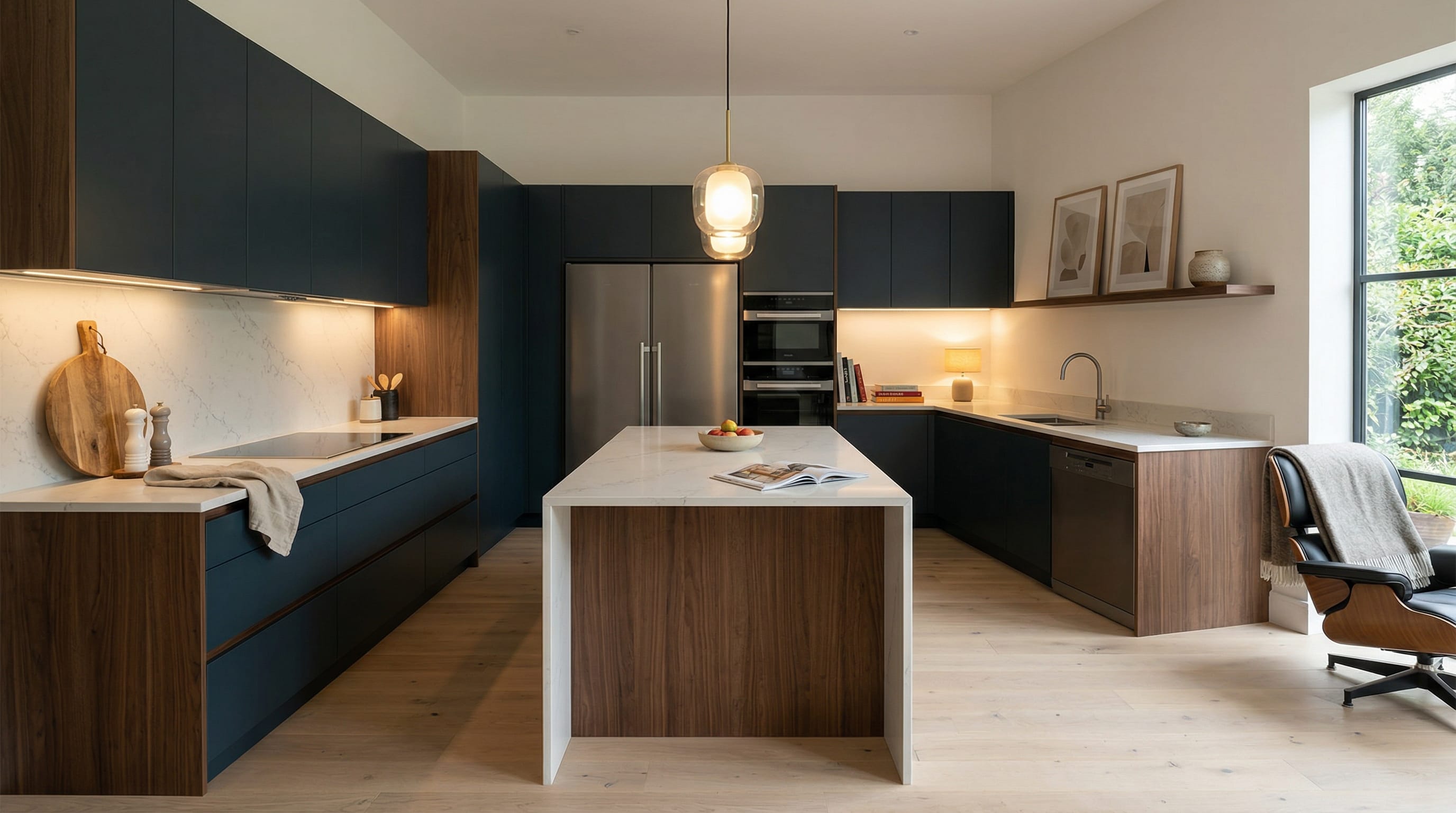 Wide view of a newly completed bespoke Mastercraft kitchen, modern shaker cabinetry in pantry blue tones