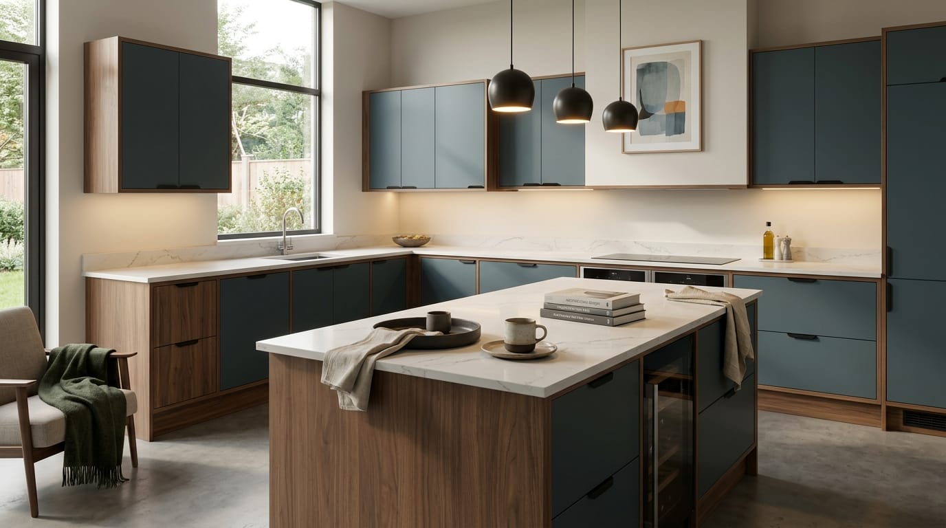 Wide view of a newly completed bespoke Mastercraft kitchen, matt painted handleless slab cabinetry in graphite tones